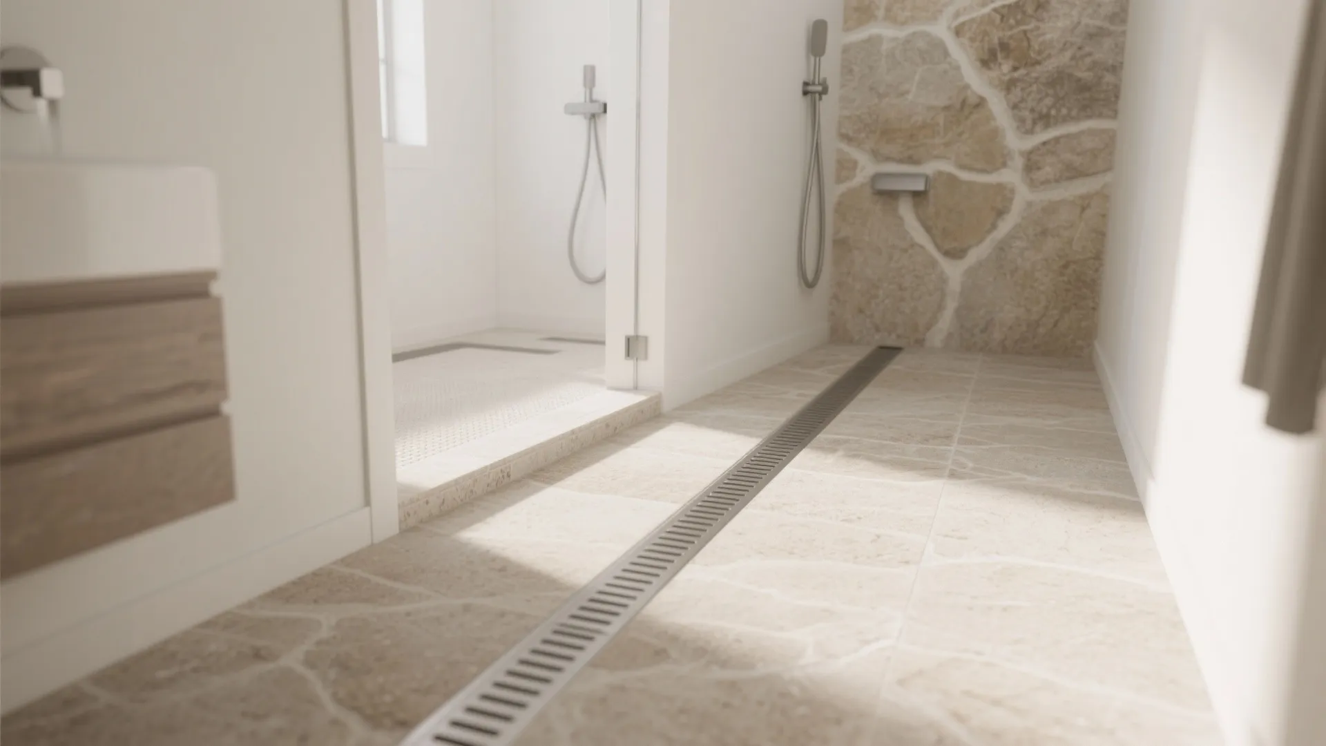Bathroom floor with stone pattern tiles long metal drain wall light shower and white wall design