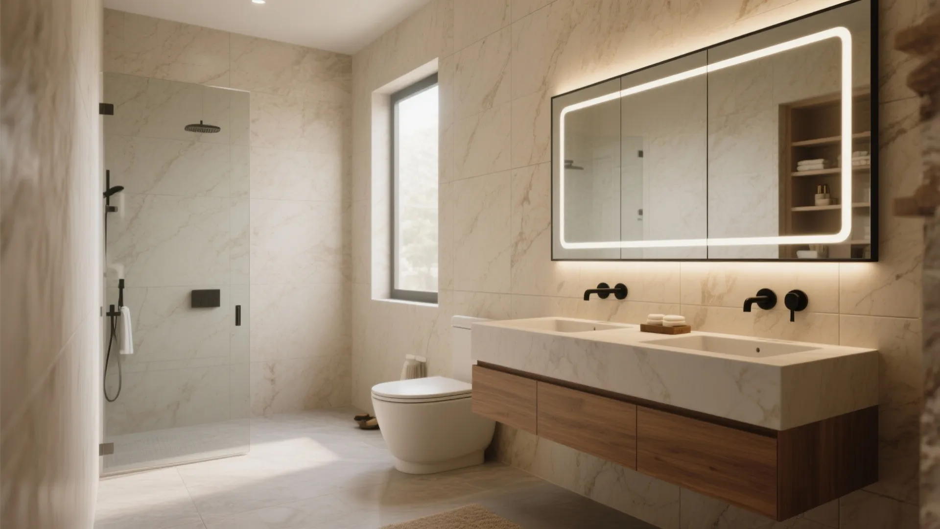 Modern bathroom with double sink vanity lighted mirror glass shower door and marble look wall tiles