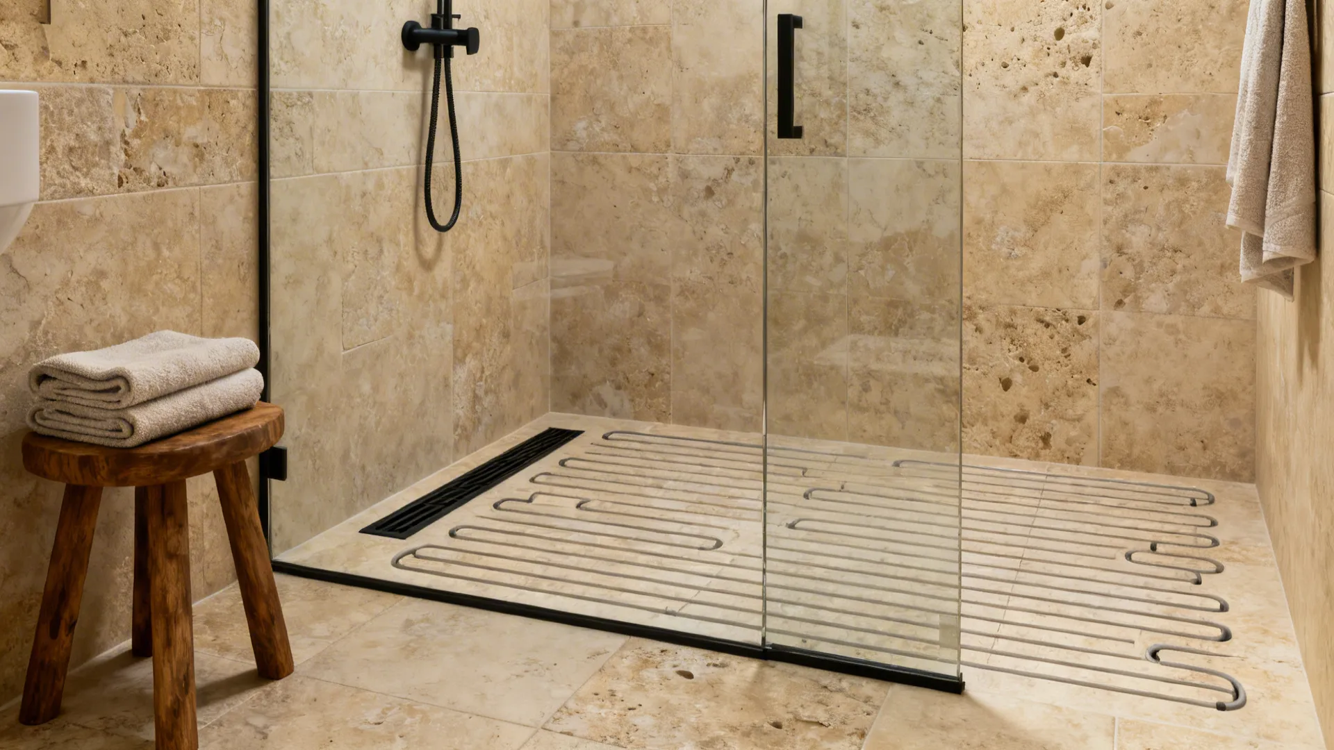 Spa-like bathroom with textured stone-look porcelain and a matte black linear drain.