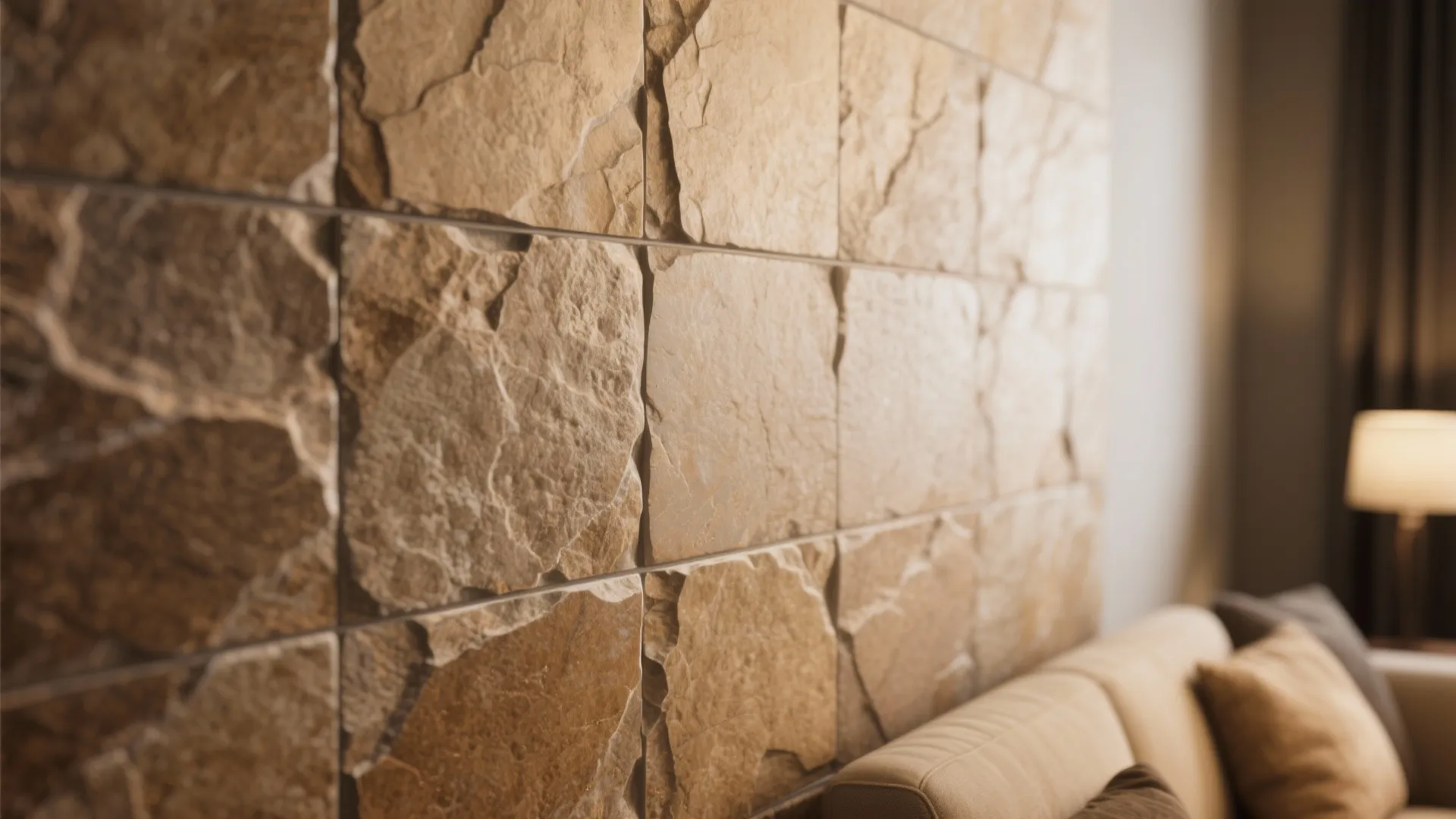 Close-up of textured stone-look porcelain tiles showing warm earthy surface and grout.