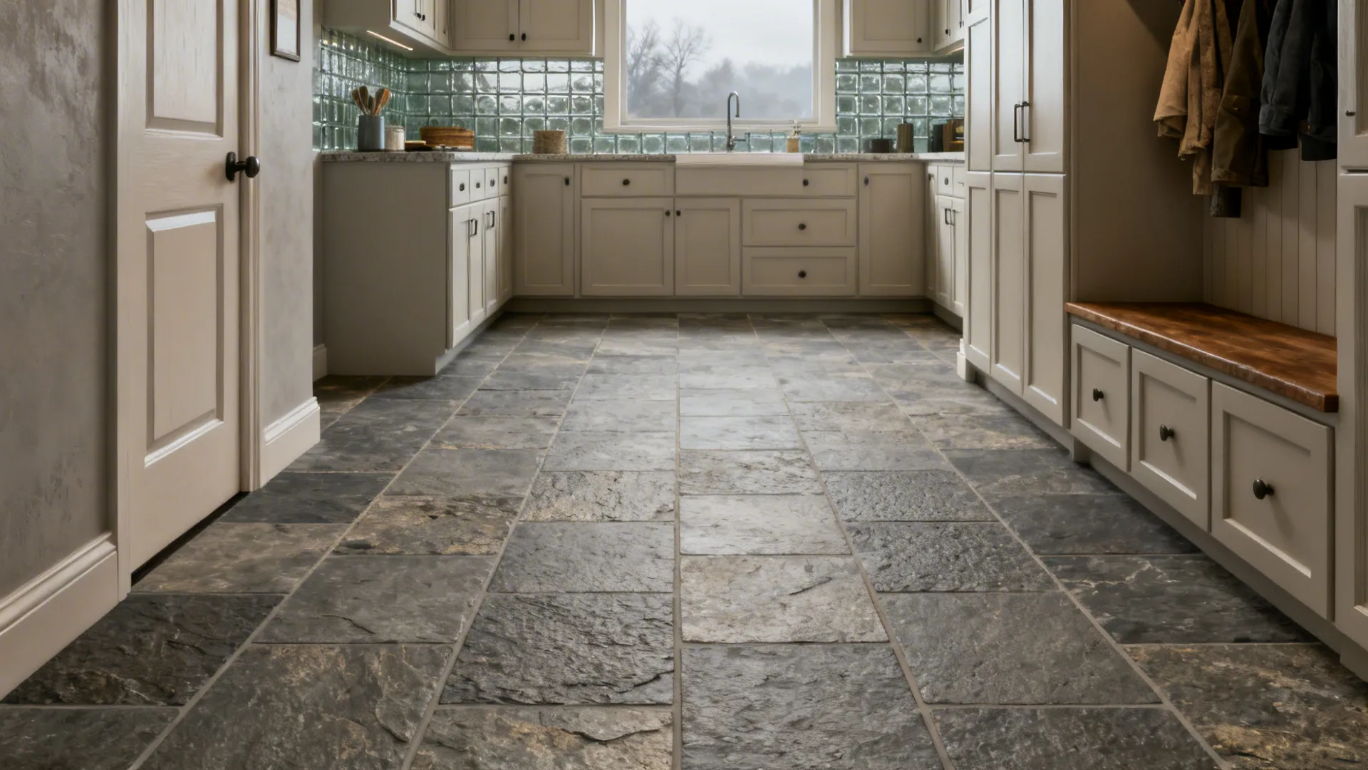 Dark stone floor tiles in a kitchen area with cream cabinets and a wooden storage bench