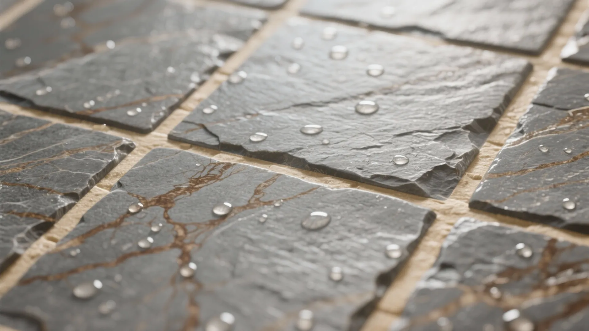 Close-up of grey stone-look tiles with warm beige grout and subtle brown veining.