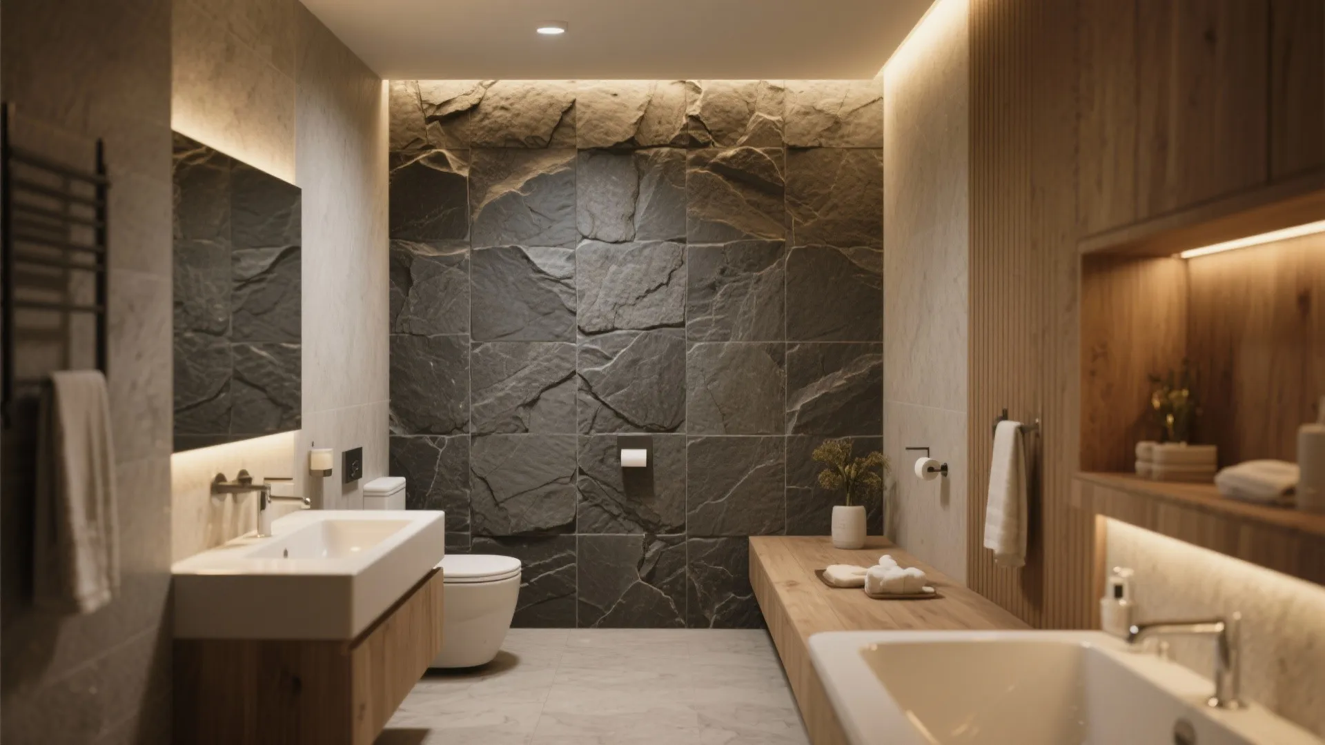 Modern bathroom with dark stone wall tiles white toilet wooden cabinet and warm soft light