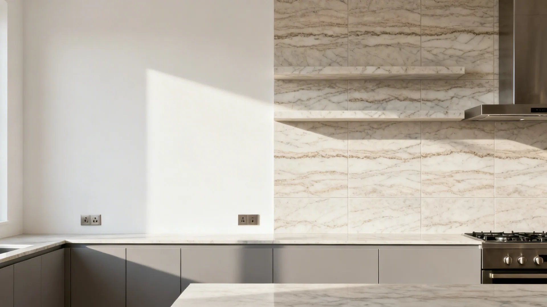 Before-and-after showing a small kitchen upgraded with continuous-vein stone-look porcelain tiles.