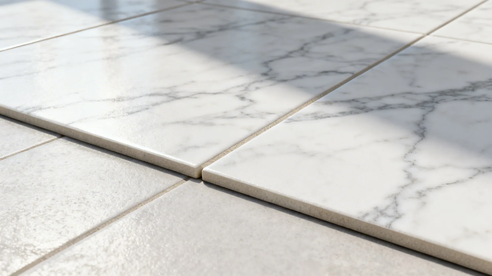 Close up of white marble tiles with grey veins being installed over light grey floor