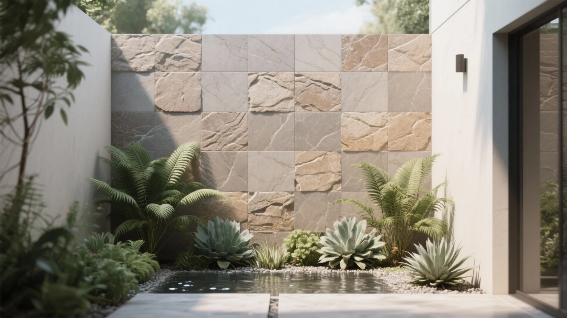 Textured Stone-Look Porcelain for Garden Walls