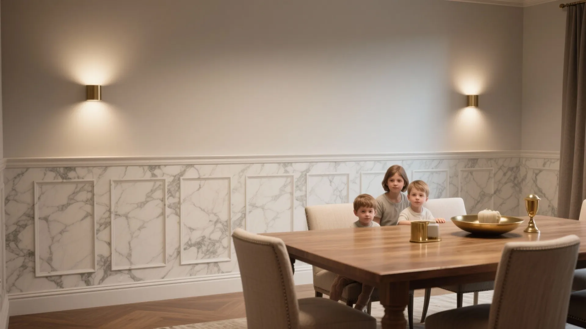Dining room with marble wall panel design gold wall lights wooden table and three children