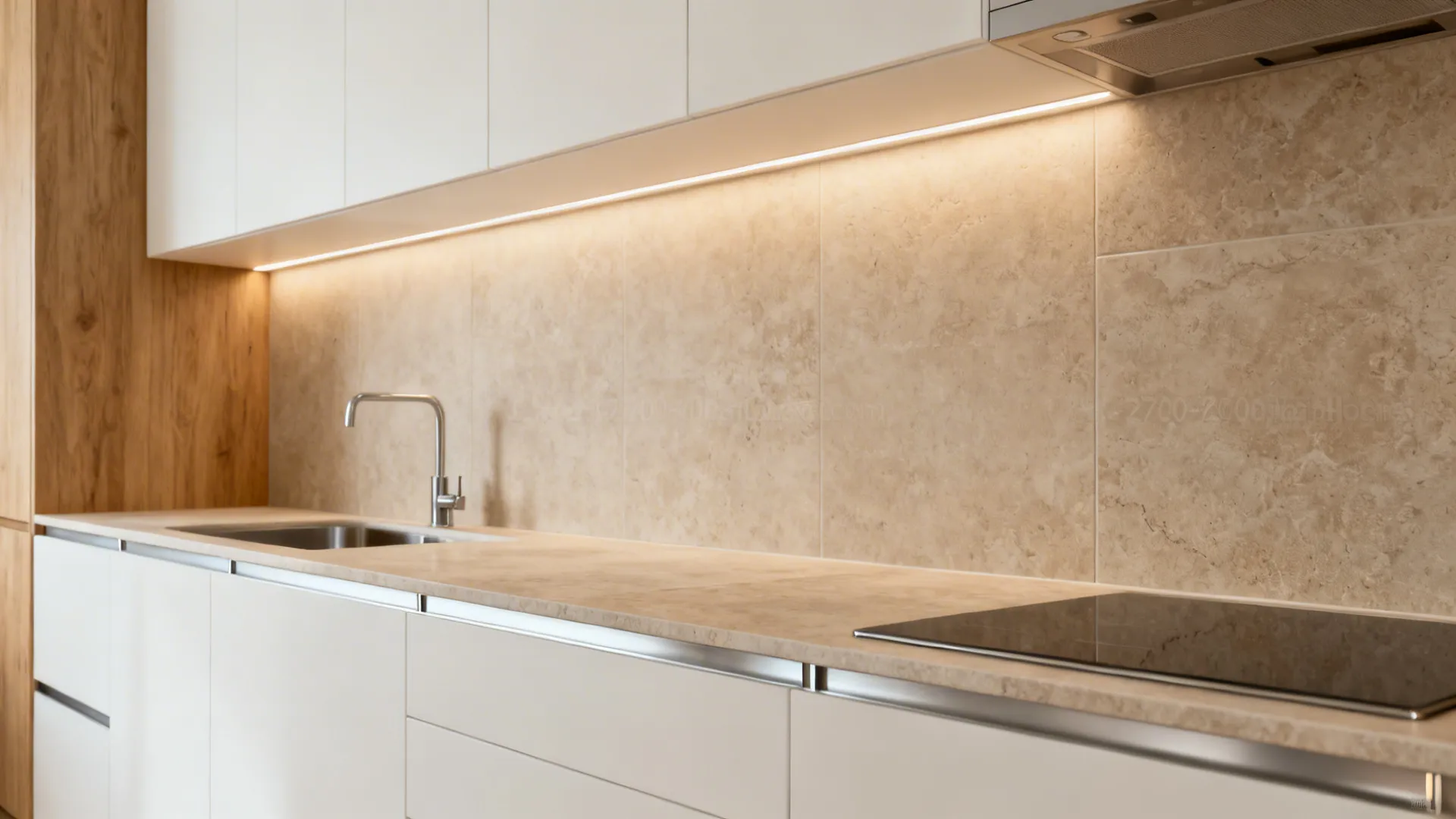 Warm taupe stone-look porcelain backsplash matched with counters in a Scandinavian-style kitchen.