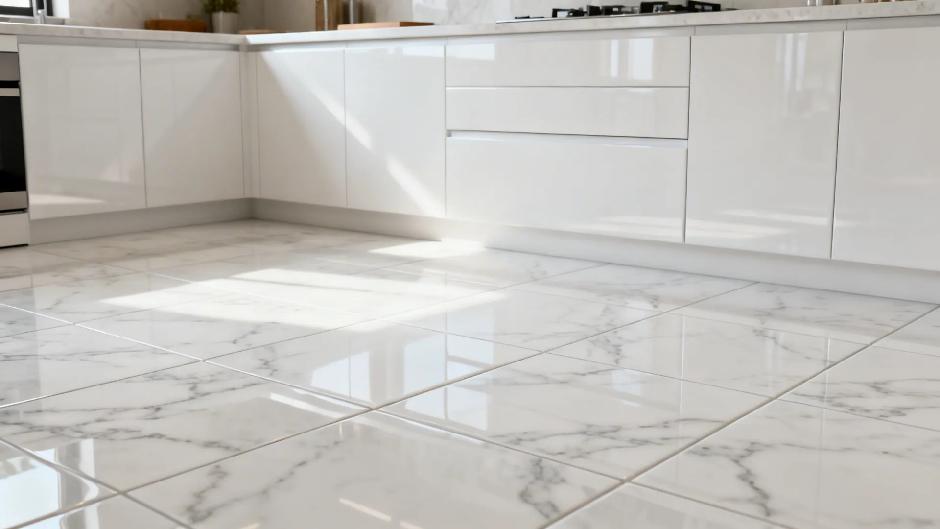 Kitchen with stone-look white porcelain floor featuring subtle marble-like veining.
