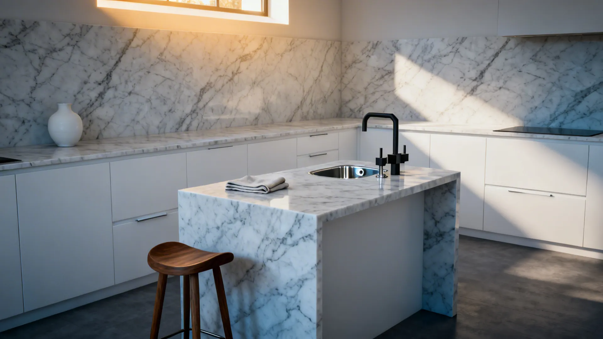 White kitchen with honed stone-look quartz countertop and full-height veined backsplash.