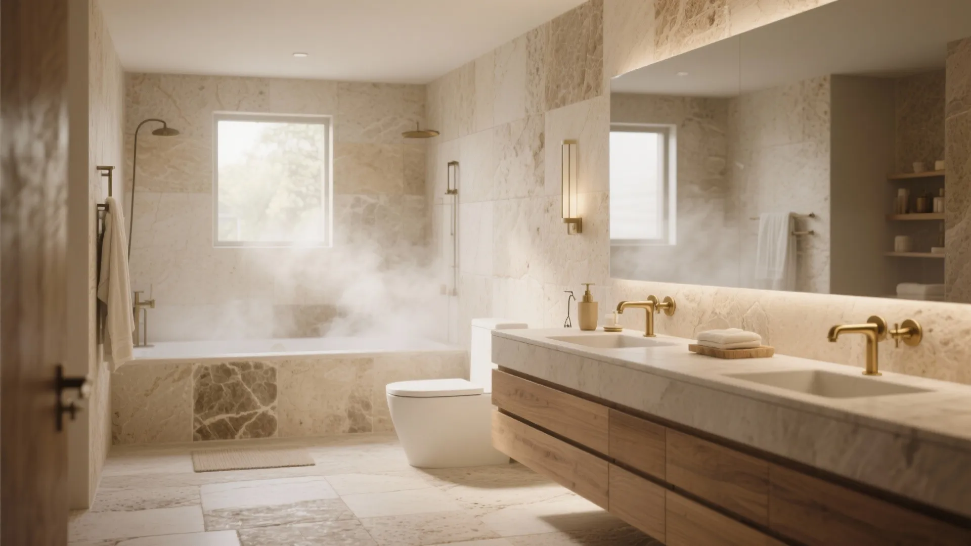 Spa-like bathroom with textured stone-look porcelain bathroom tiles and brushed brass accents