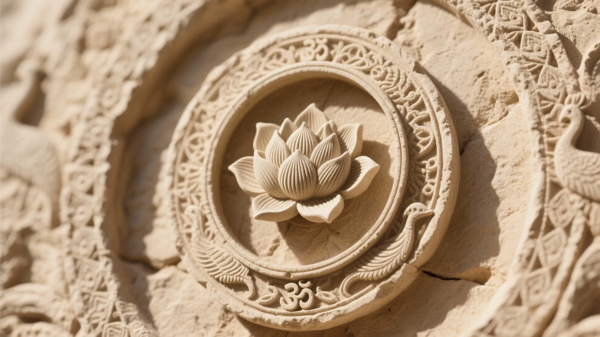 Stone-Carved Backdrop: Lotus, Om, and Peacock Motifs