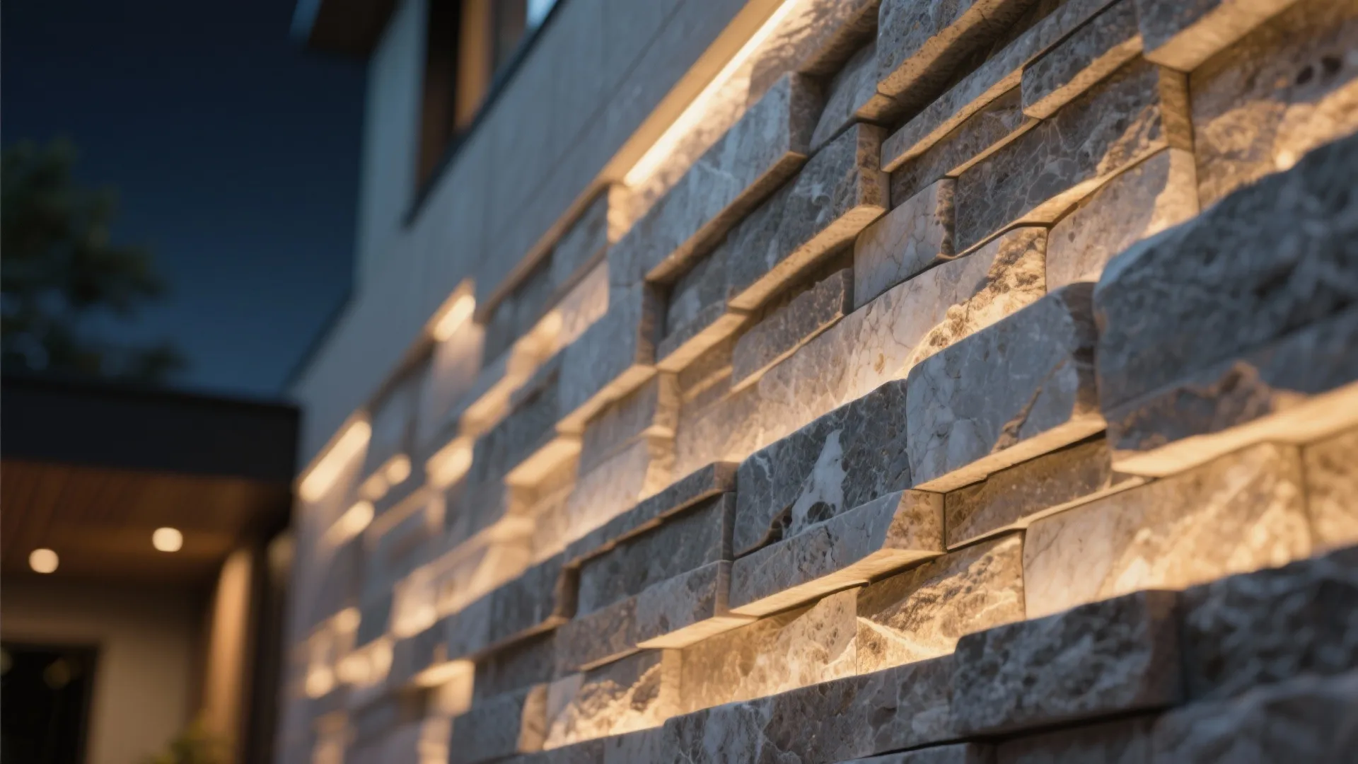 Close up of grey stone wall panel with warm light strips glowing between the textured layers