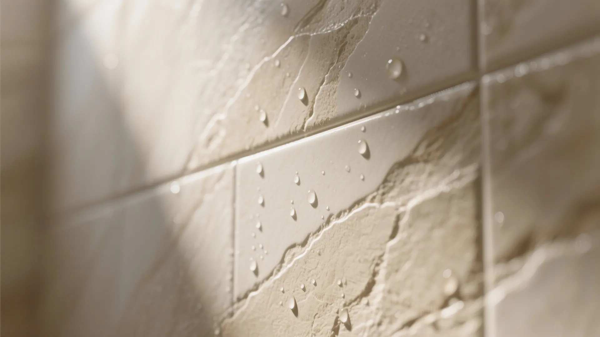 Close up of textured beige wall tiles with water droplets showing waterproof surface in bathroom setting