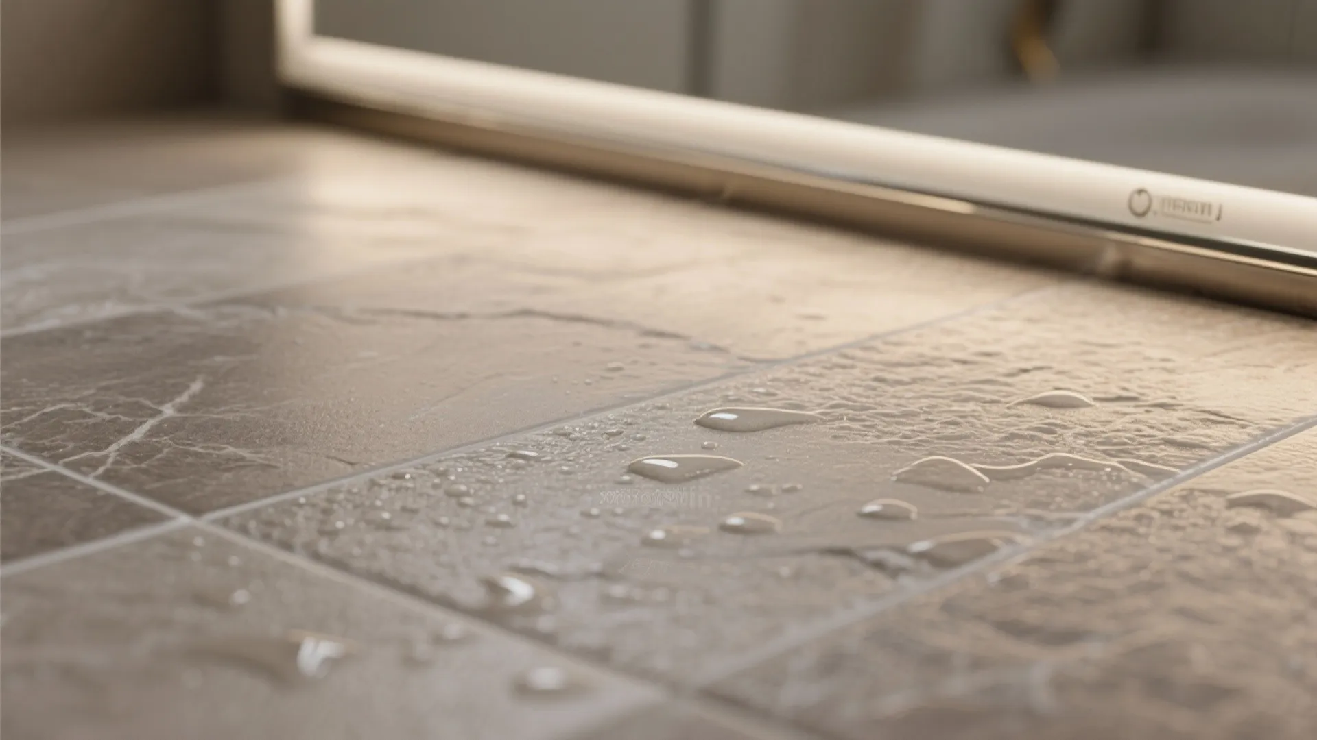 Macro of matte stone-look porcelain under warm light showing slip-friendly micro-texture and subtle grain.