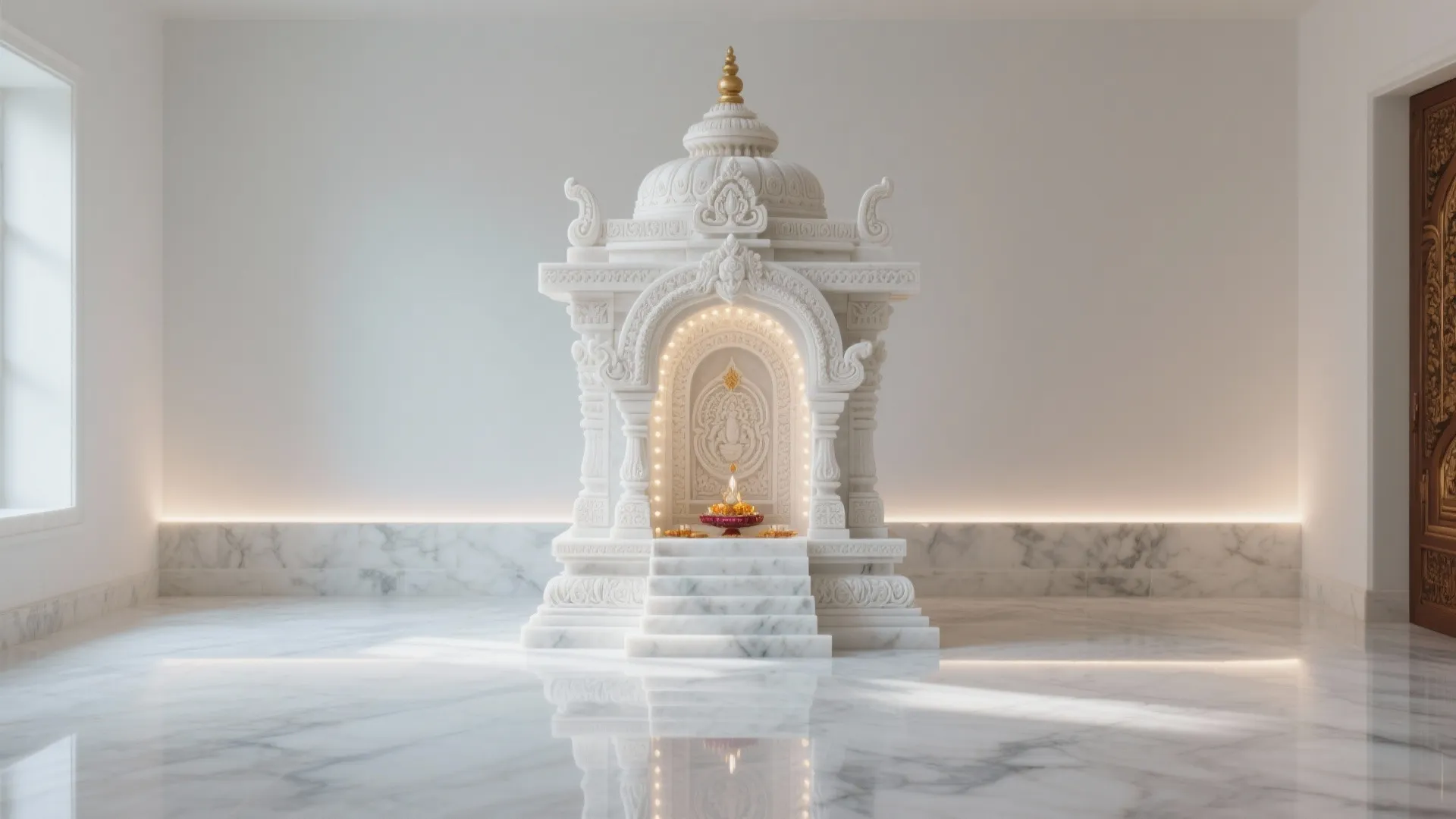 White marble prayer shrine with detailed carvings and gold top in bright modern white space