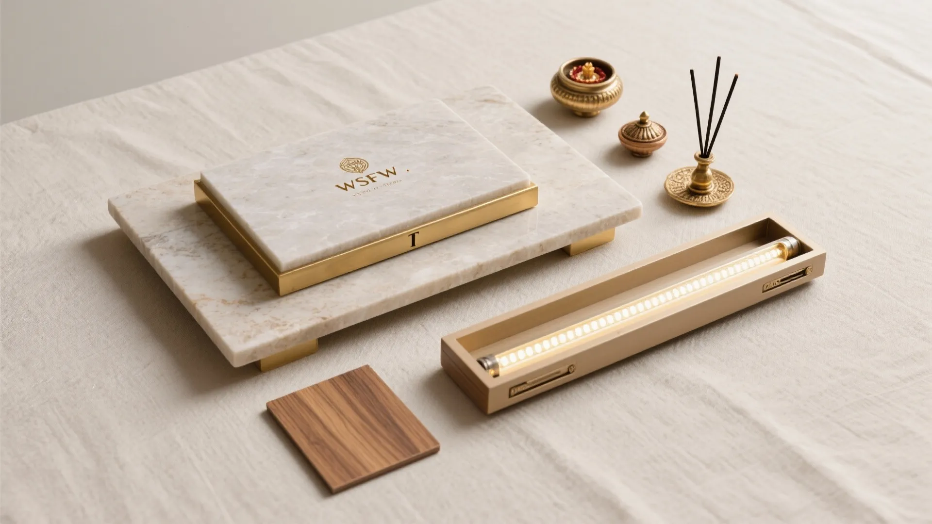 Interior design material samples including marble slab wood piece light fixture and gold decorative items