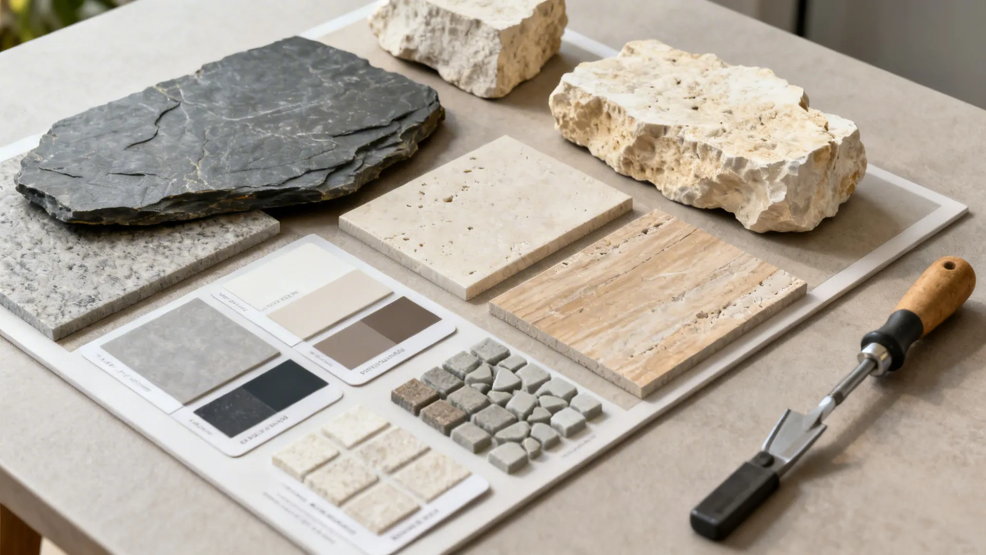 Interior design mood board showing stone samples, color swatches, and a tool on a table