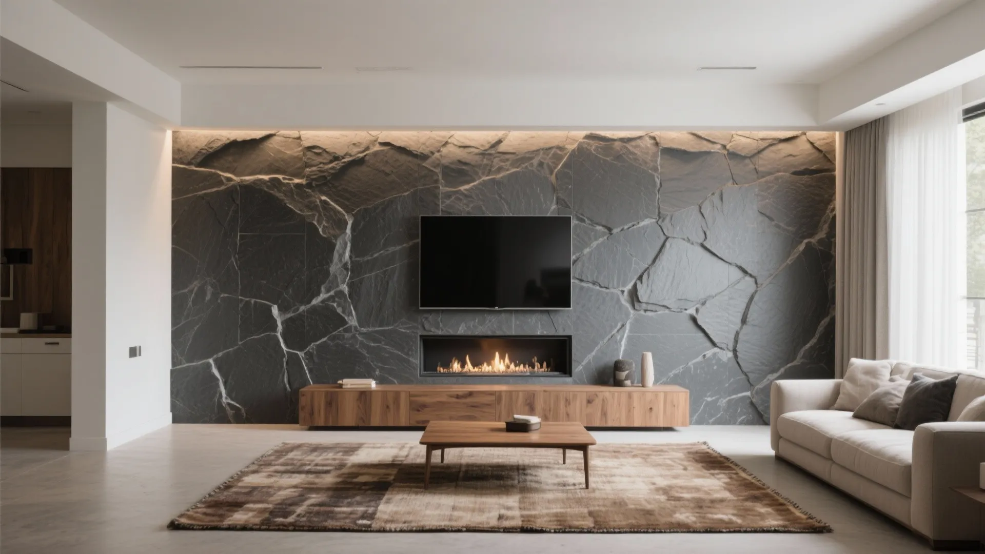 Stone-look porcelain for the fireplace or media wall