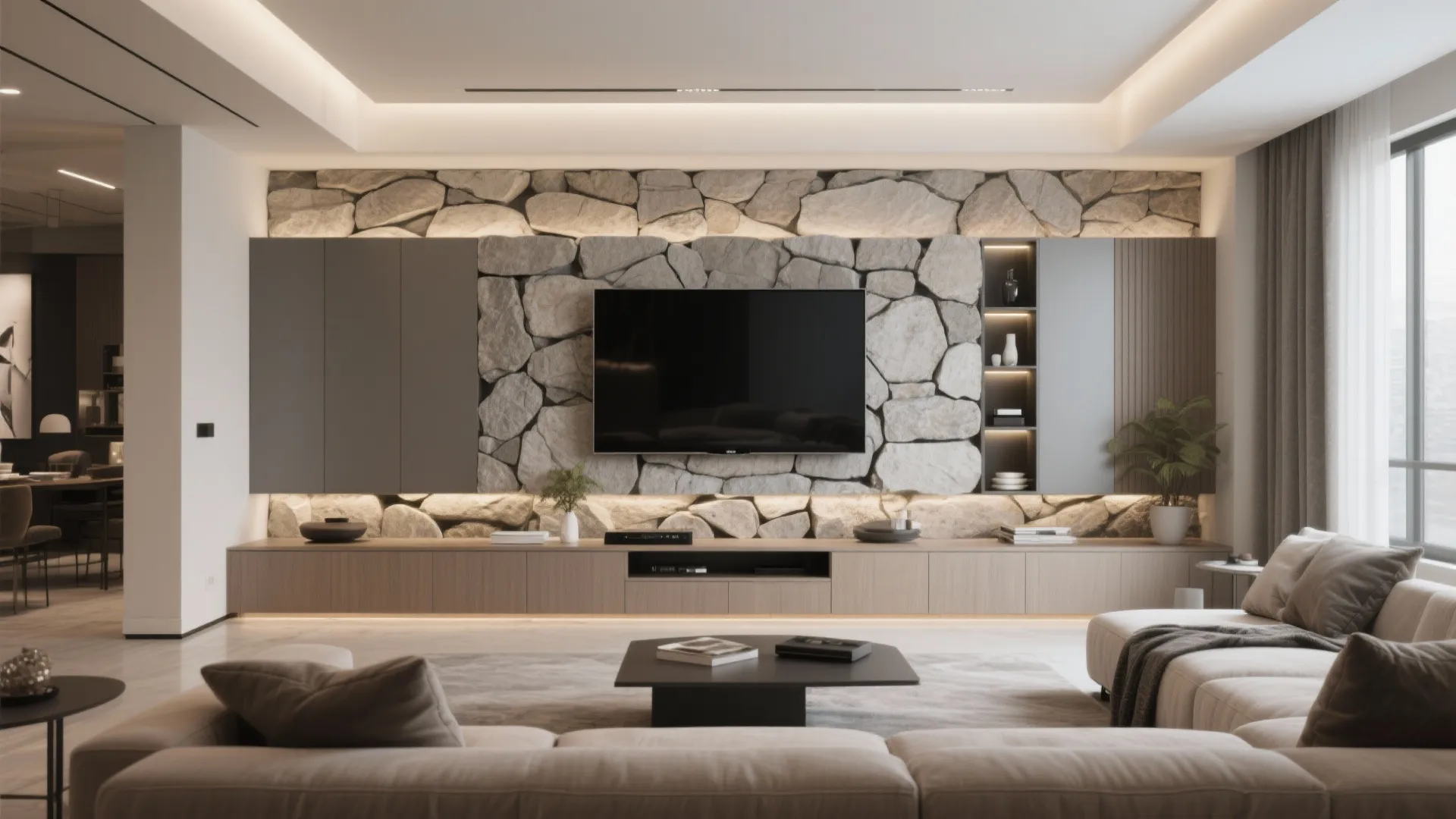 Modern living room with built-in stone media wall