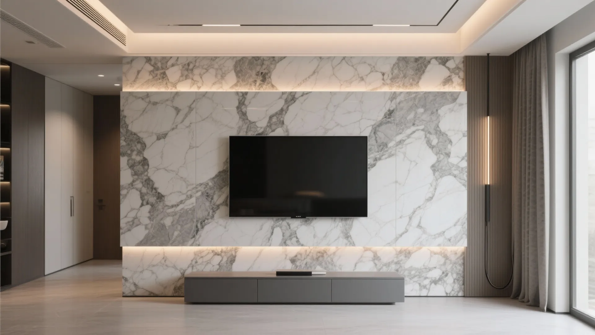 Stone-clad media wall with integrated LED coves