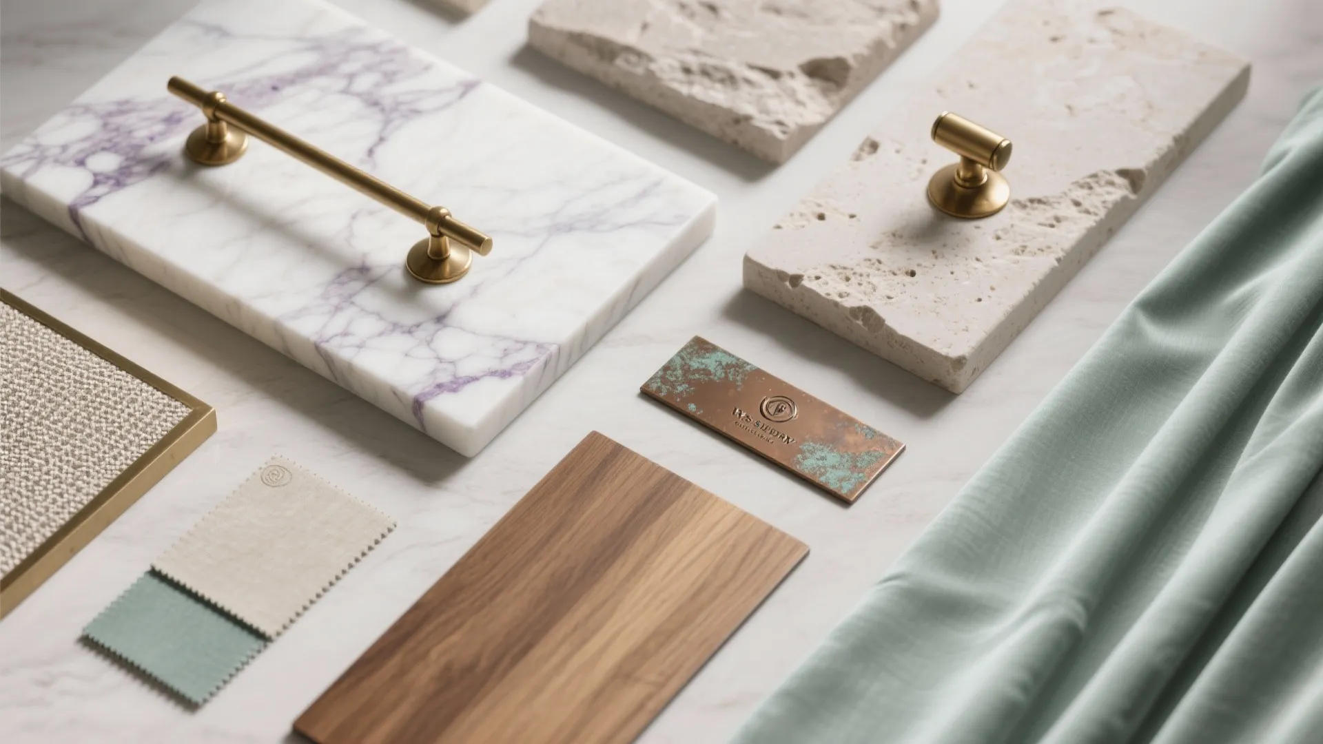 Collection of interior design materials including marble tiles gold handles wood samples and green fabric