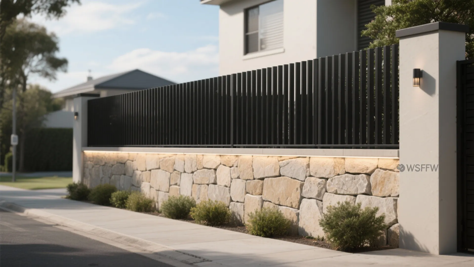 Black metal fence on top of a stone wall with glowing light strip along sidewalk