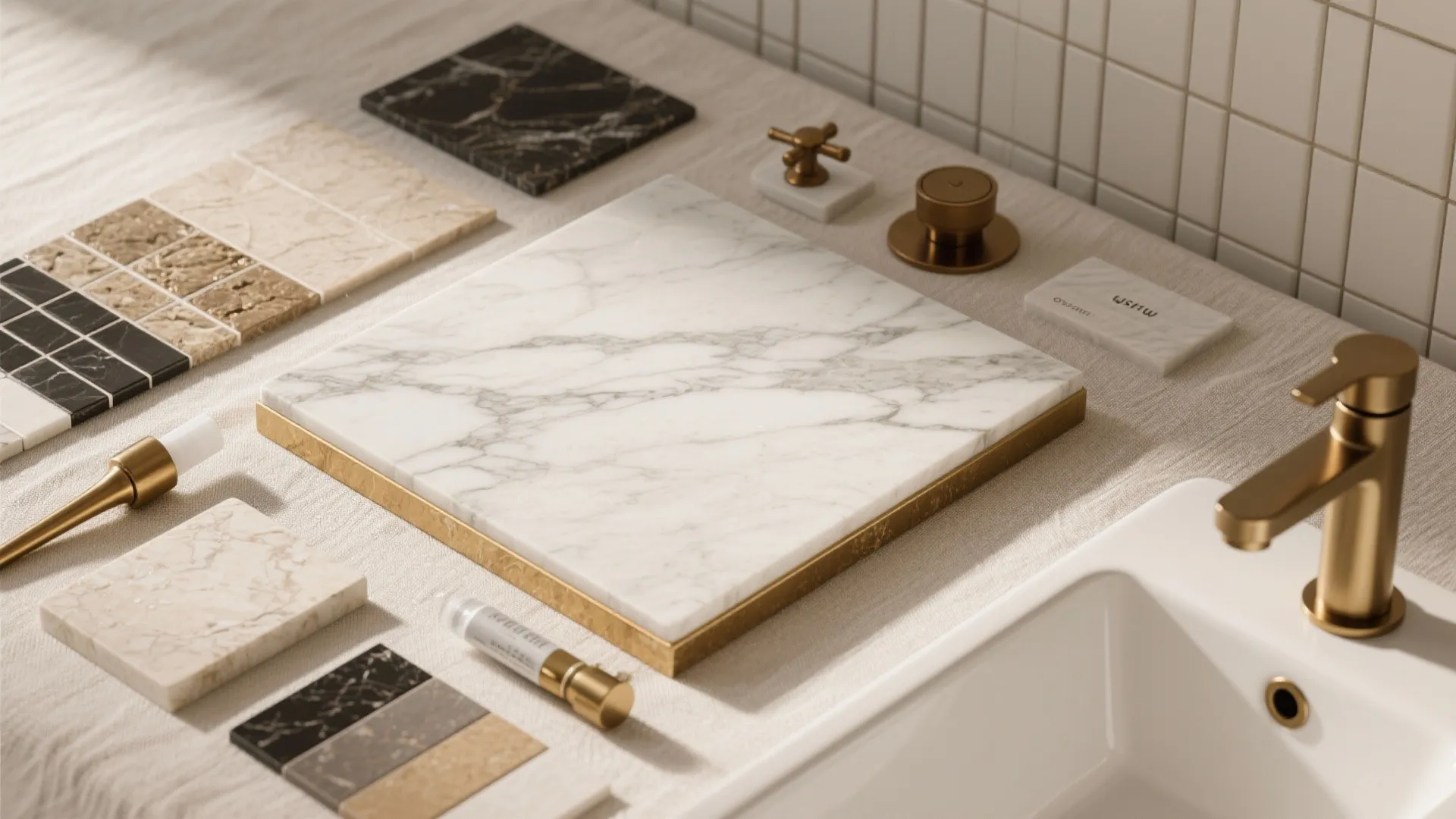 Selection of marble tile samples and gold bathroom faucet parts arranged on a white surface
