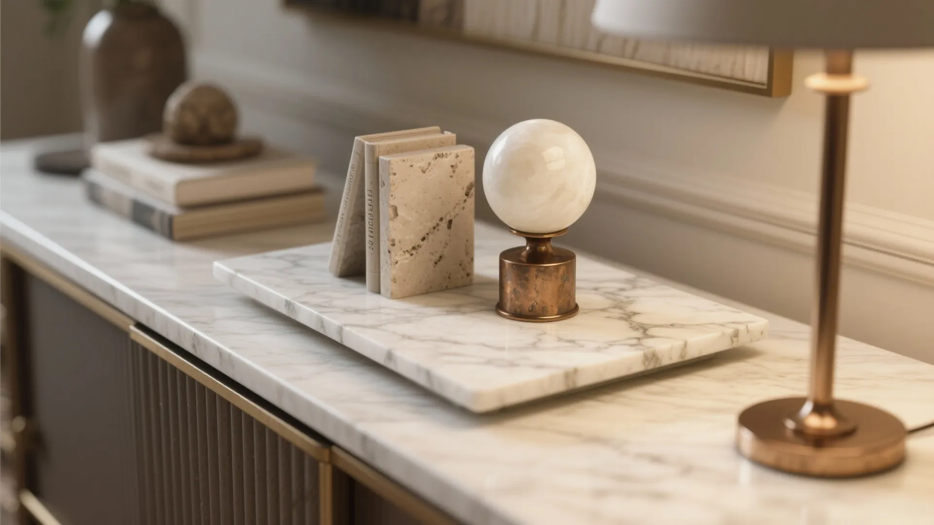 Marble cabinet surface showing stone bookends round white ornament and warm light from table lamp
