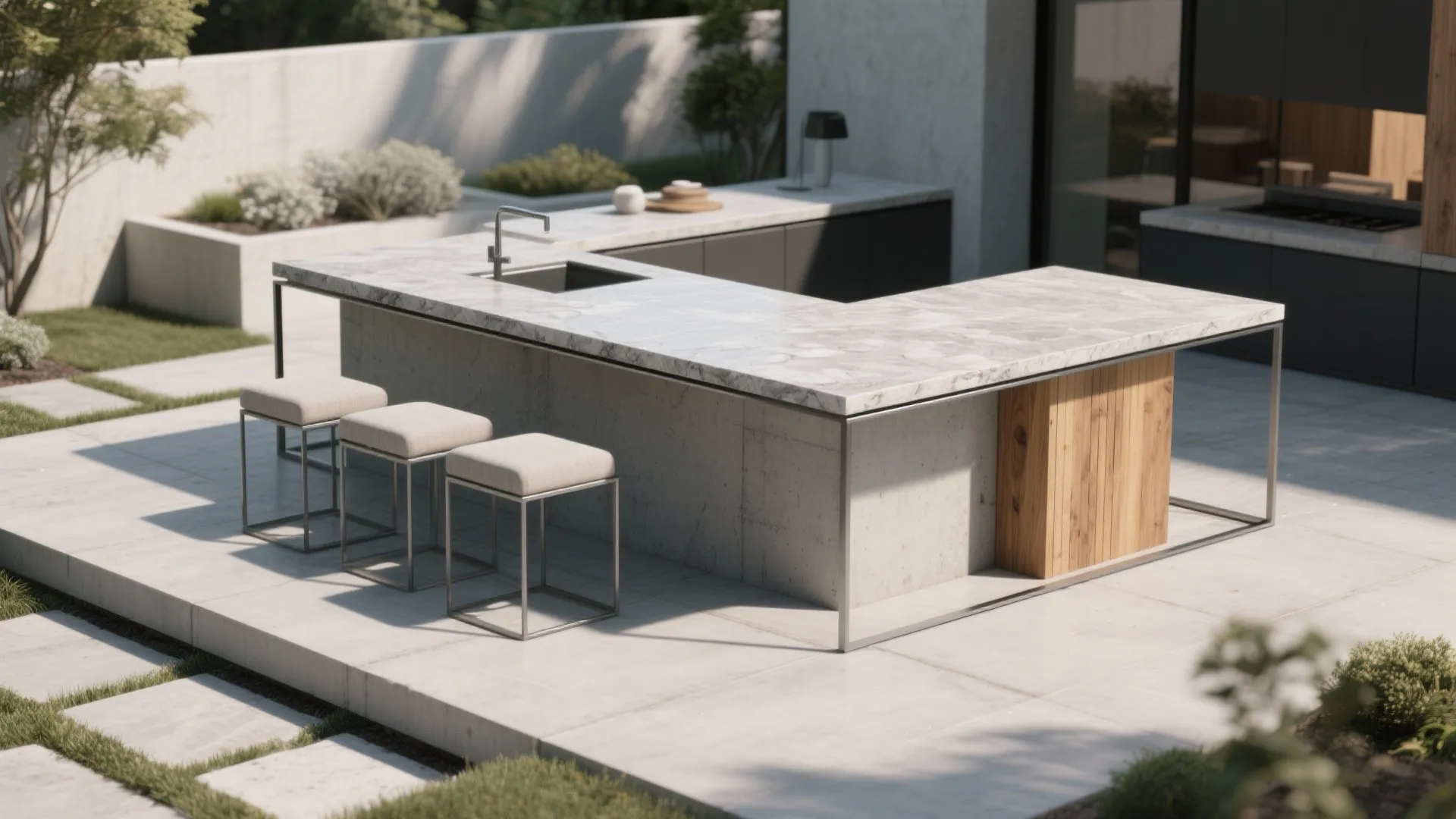 5. Mixed-Material Minimalism: Stone + Metal for Modern Patios