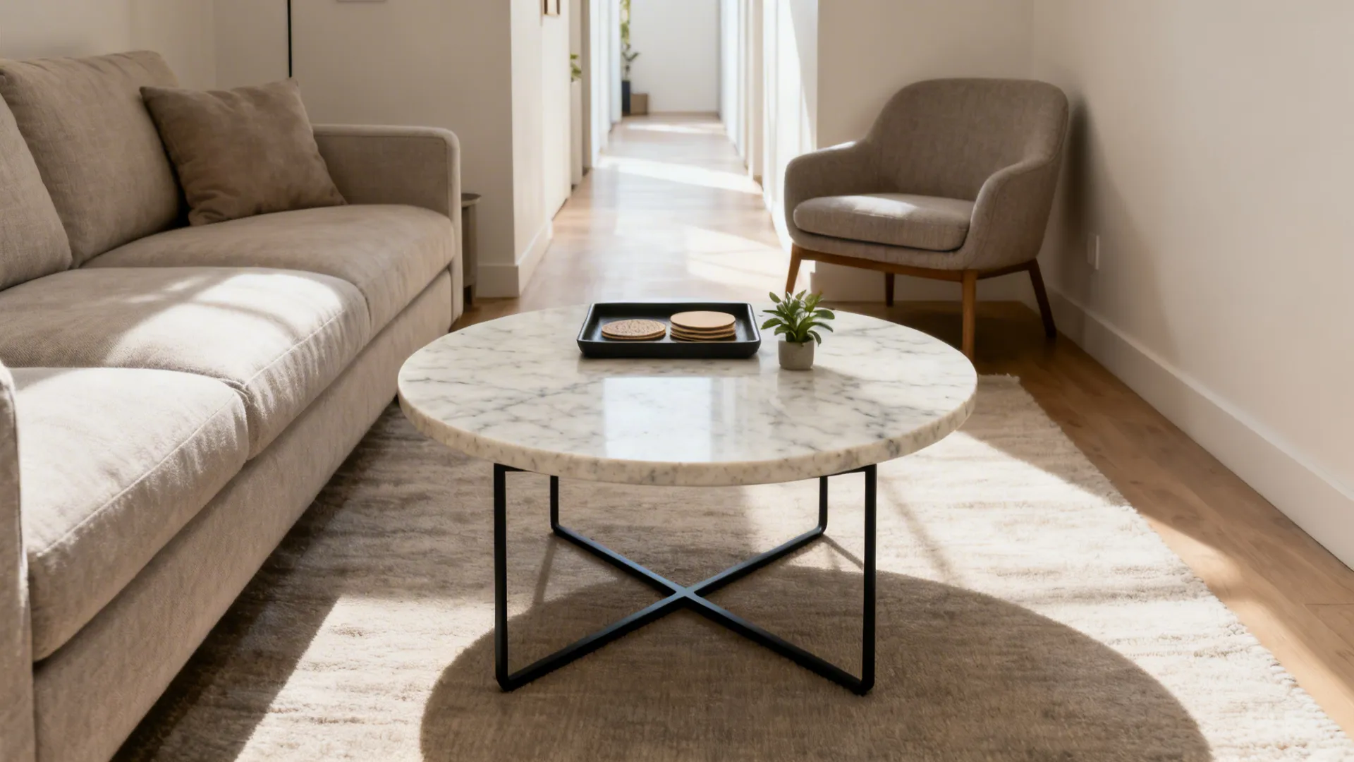 Honed marble round coffee table with a slim black metal base in a narrow modern living room.