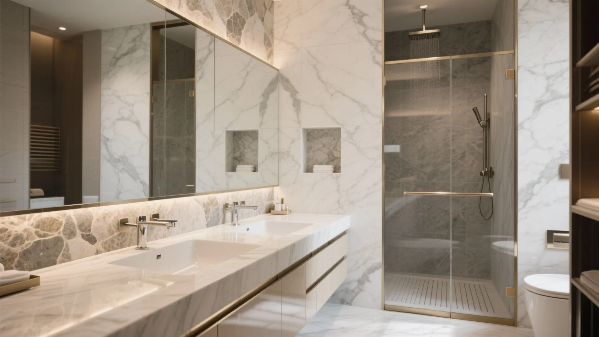Modern luxury bathroom with double sinks marble walls large mirrors and a glass shower door area