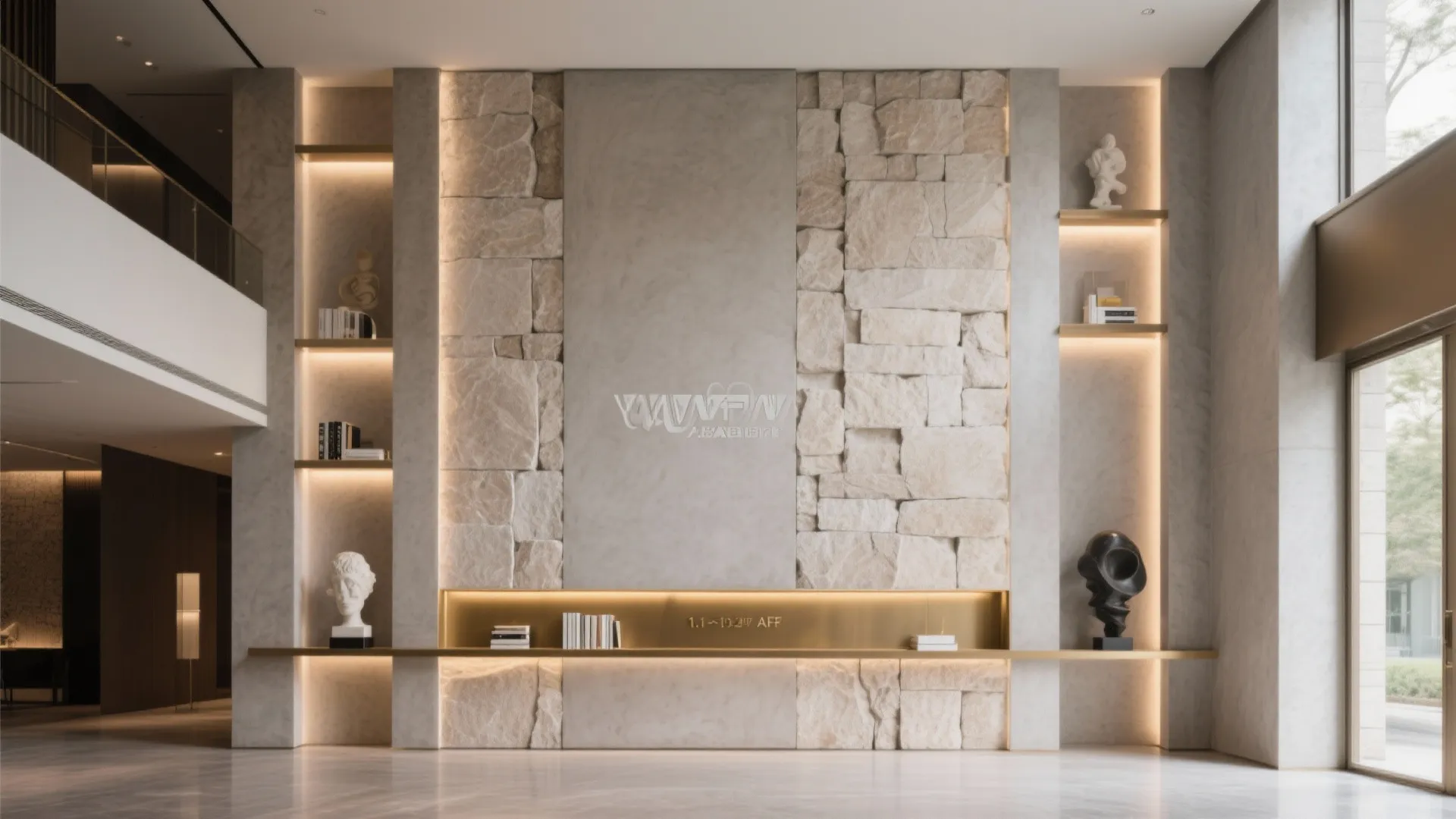 Modern lobby wall with rough stone panels built in shelves with warm lighting and decorative statues