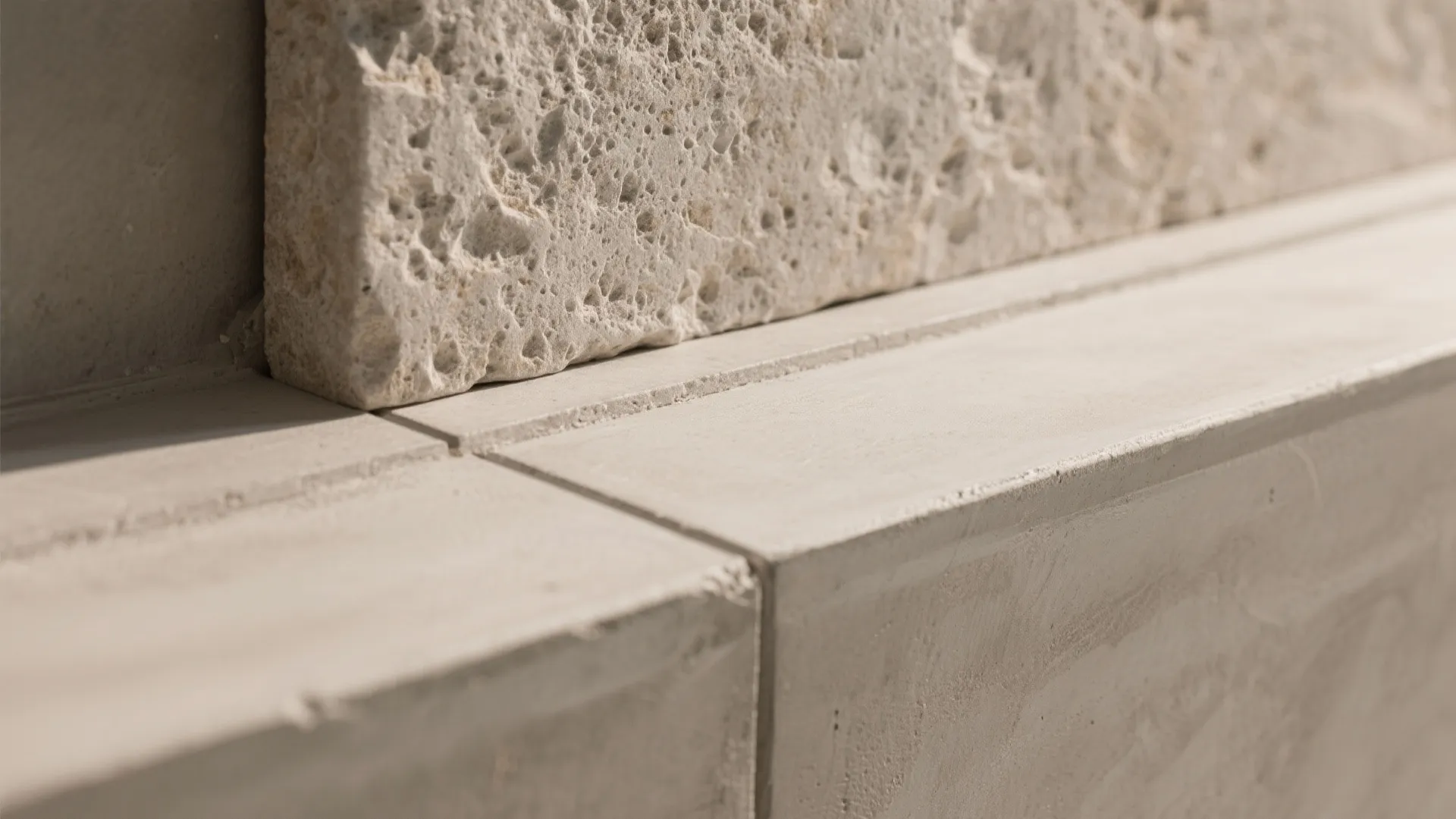 Close up view of rough beige stone texture and smooth concrete block under bright natural sunlight