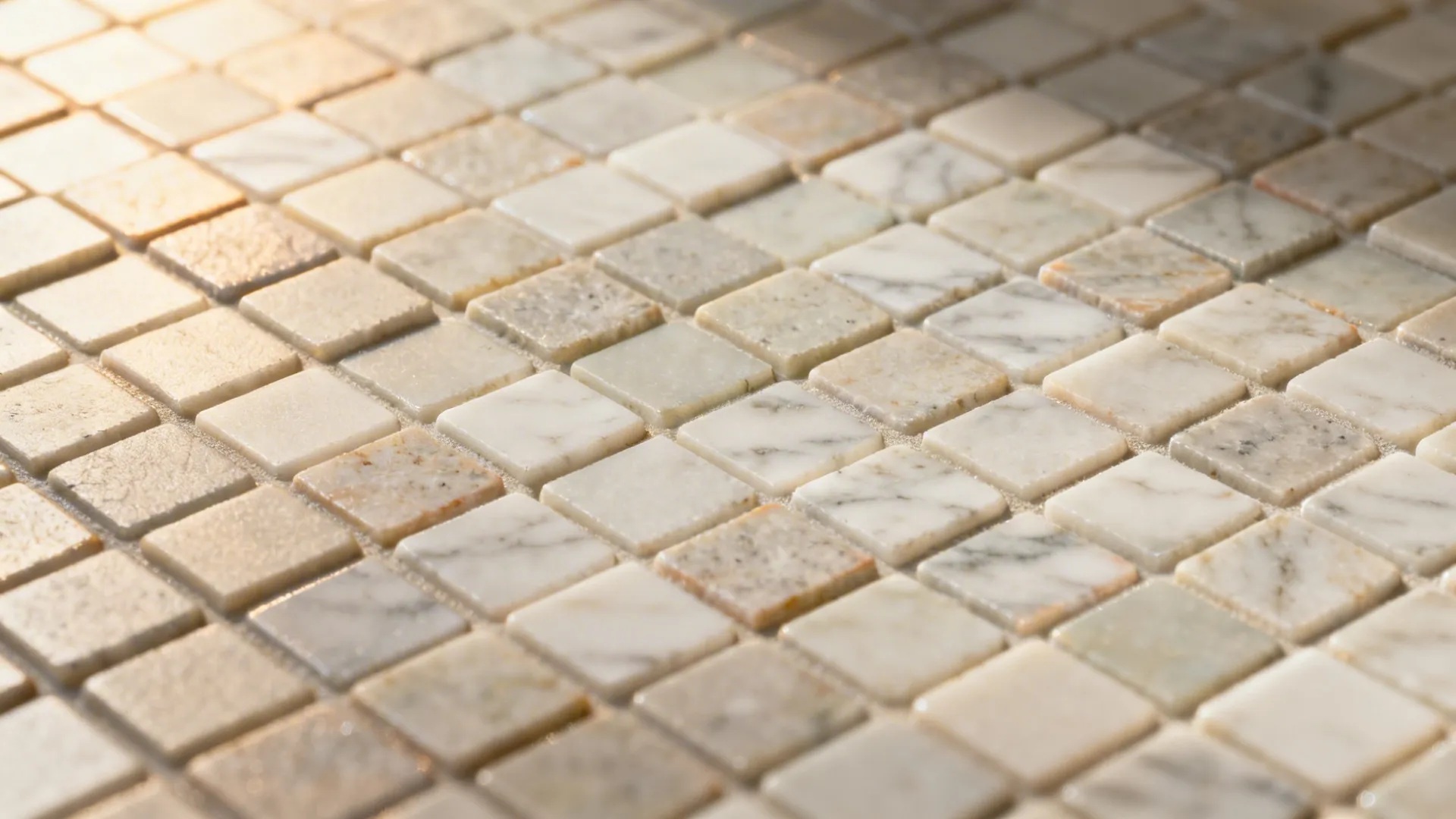 Close up of small square stone mosaic tiles in natural white grey and beige colors