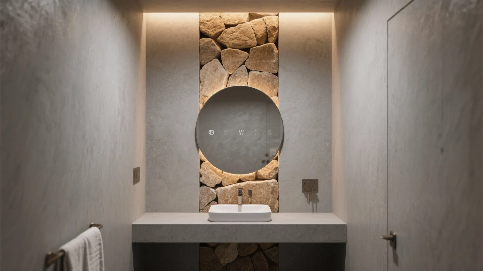 3. Statement wall with tan stone and grey microcement