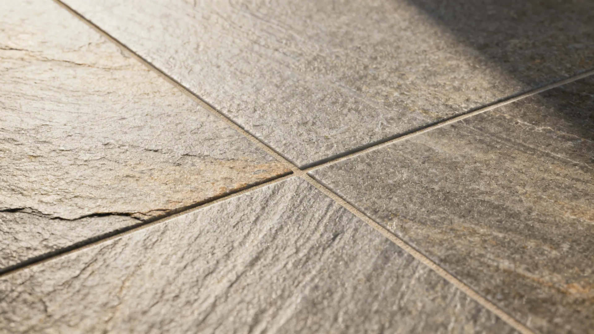 Close up of gray stone floor tiles with natural texture and sun light from a window
