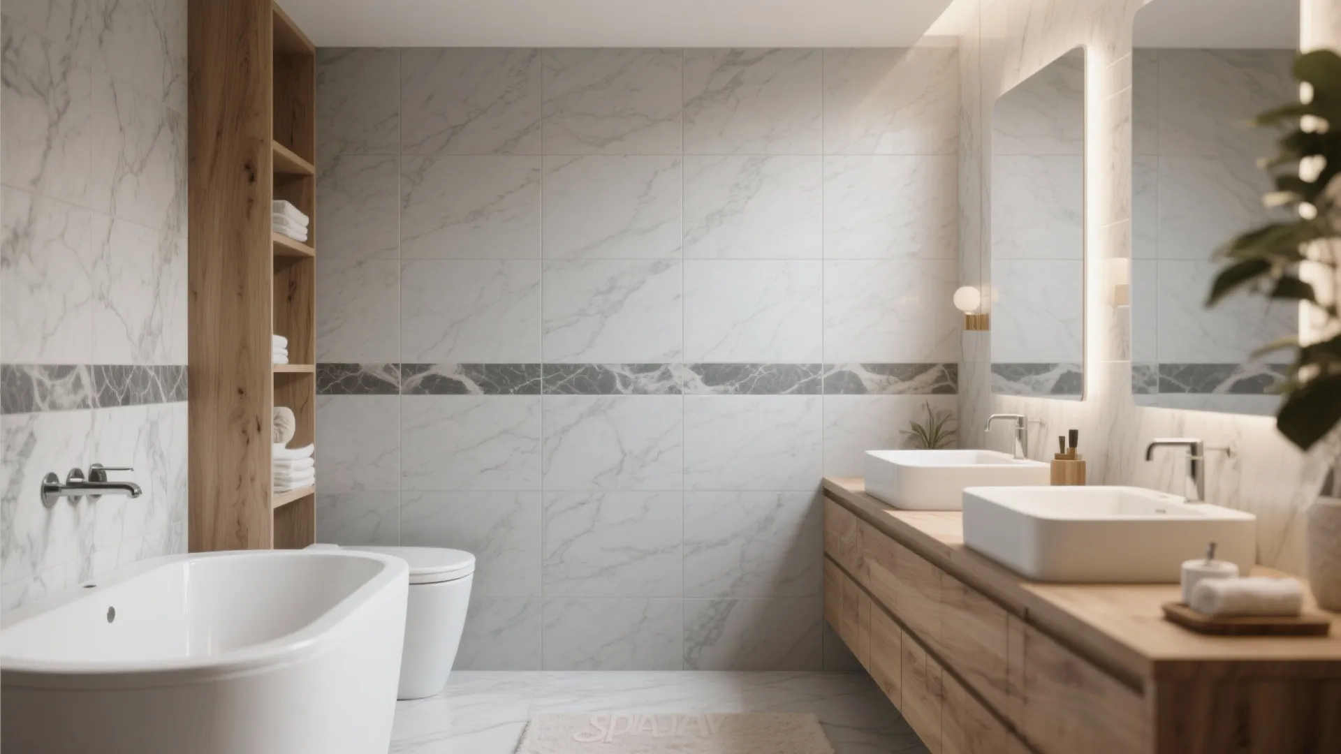 Modern bathroom featuring white marble wall tiles wood cabinet double sinks white bathtub and toilet