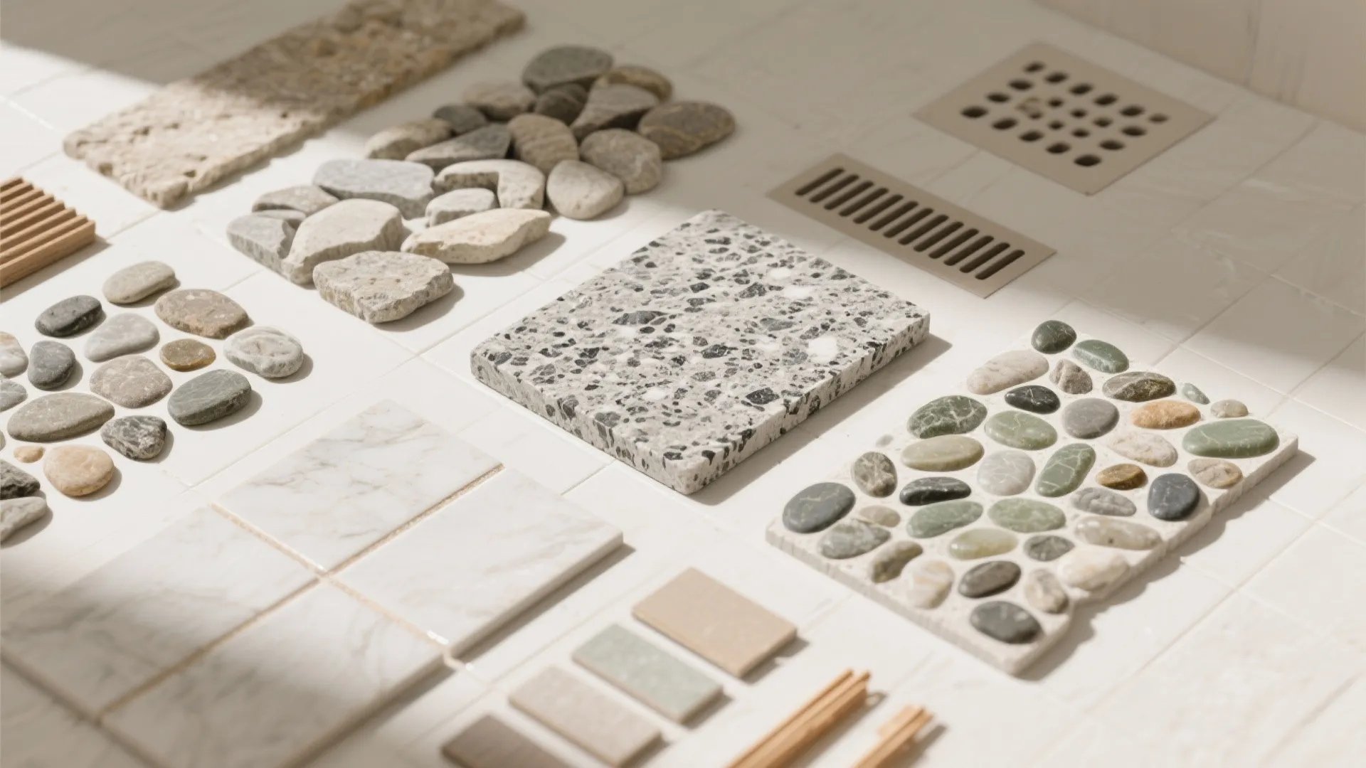 Interior design materials flatlay with marble tiles stones terrazzo samples and drain covers for bathroom