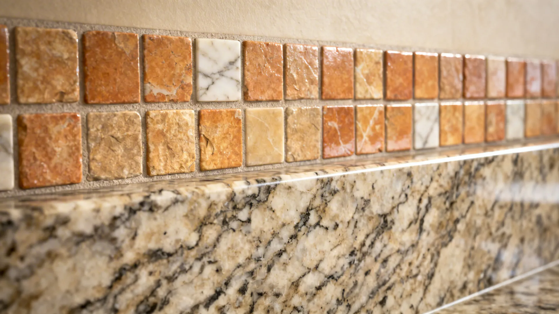 Close-up of warm marble mosaic strip above granite countertop showing texture and grout