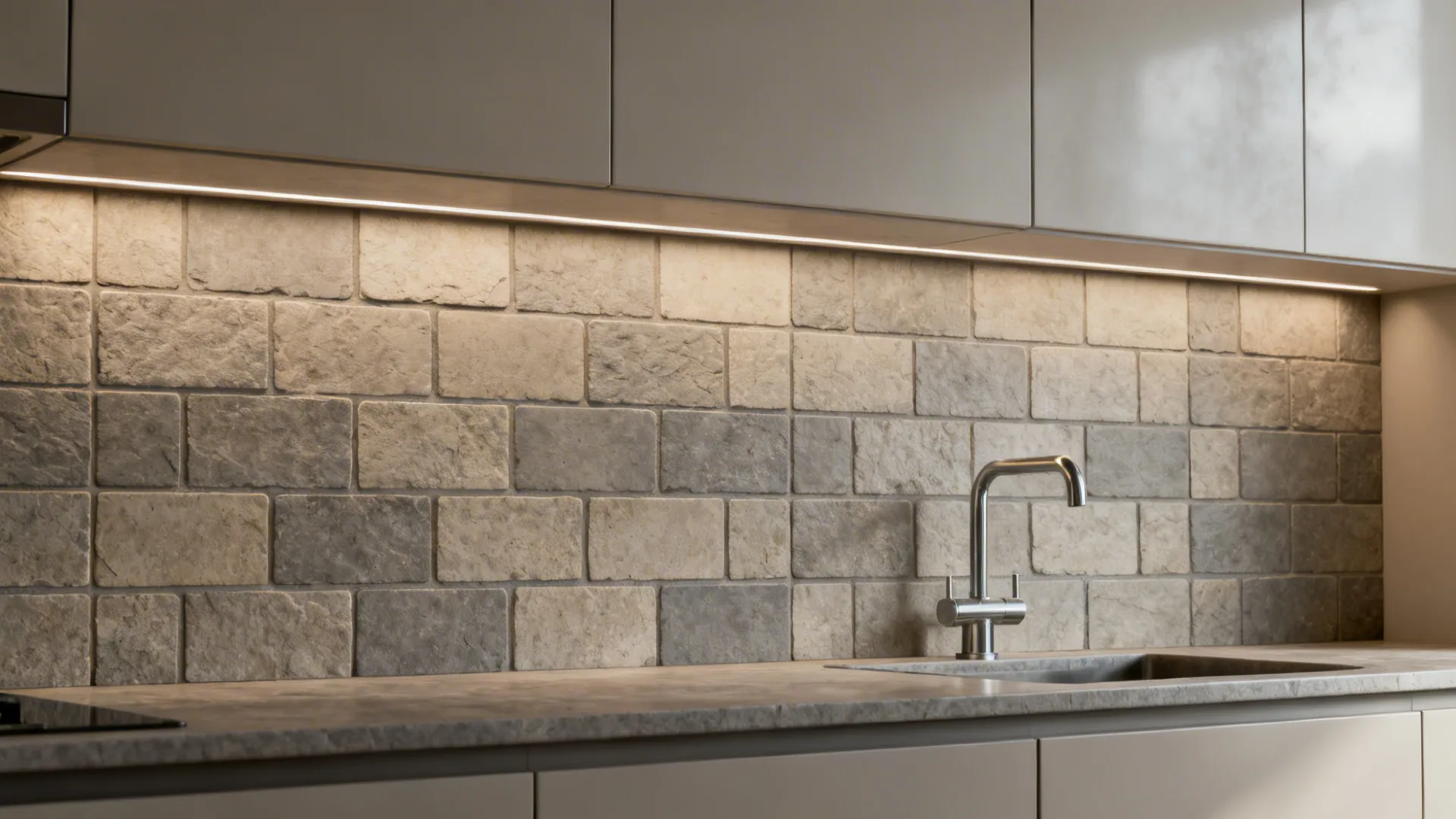Matte stone-composite peel mosaic backsplash with subtle texture.