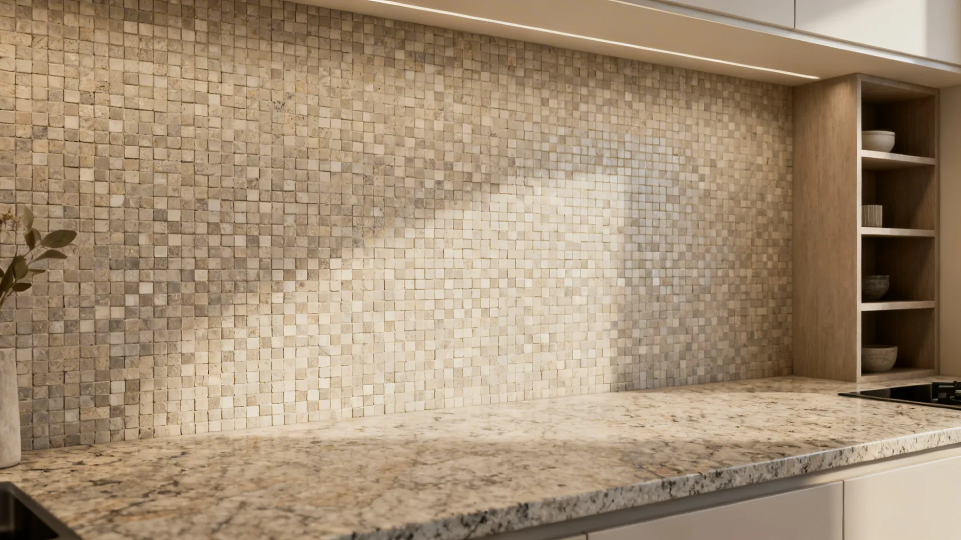 Feature range wall with honed tonal stone mosaic echoing hues in granite.