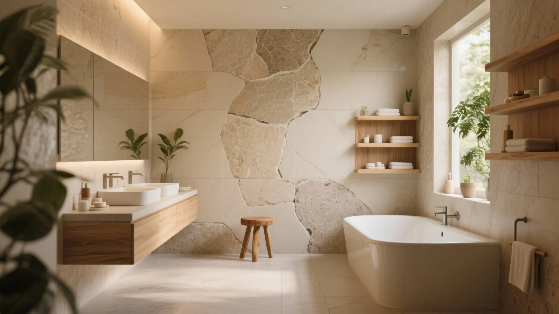 Stone-Look Neutrals with Wood Accents