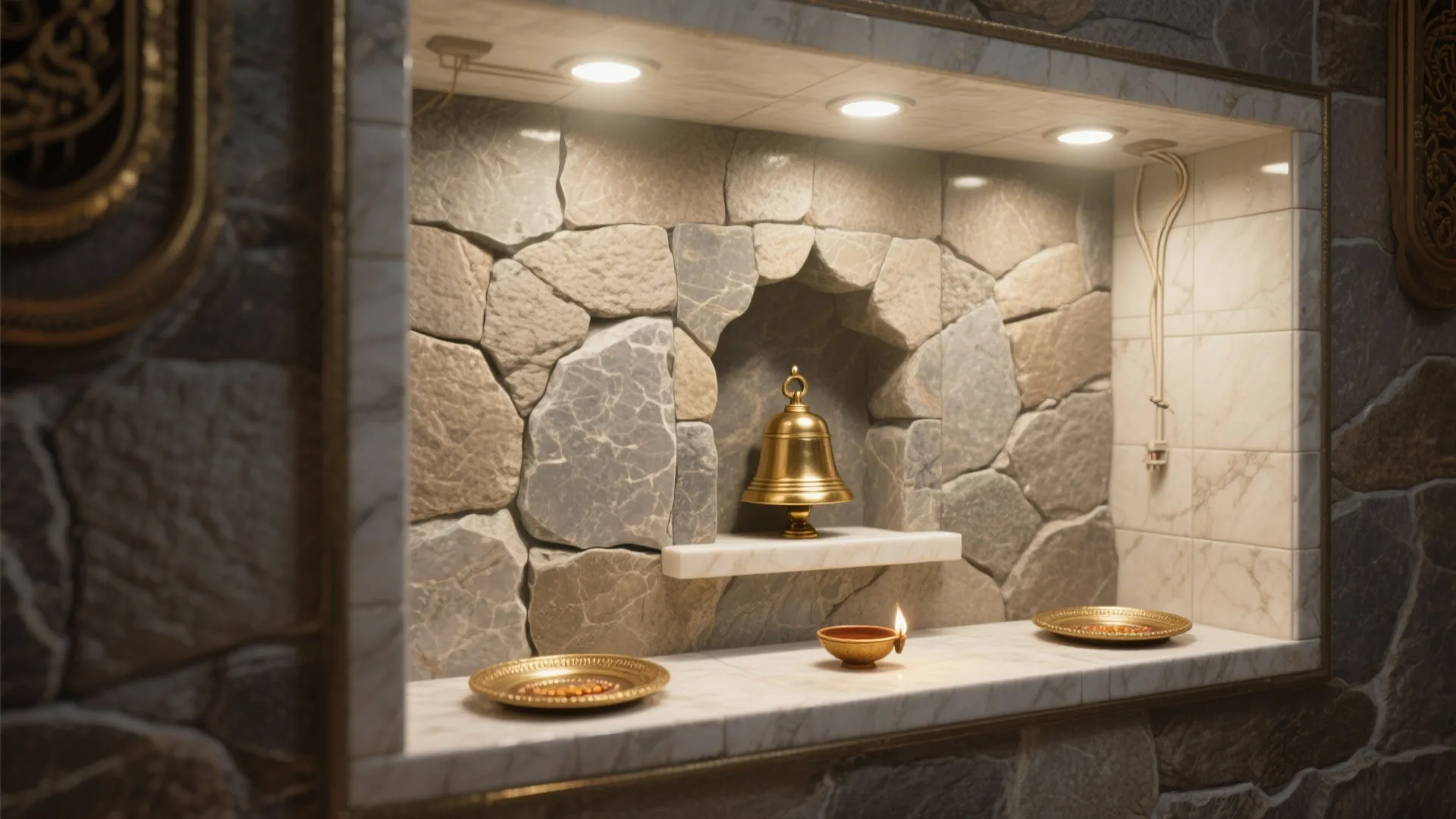 Stone-Clad Niche with Recessed Lighting and a Brass Bell