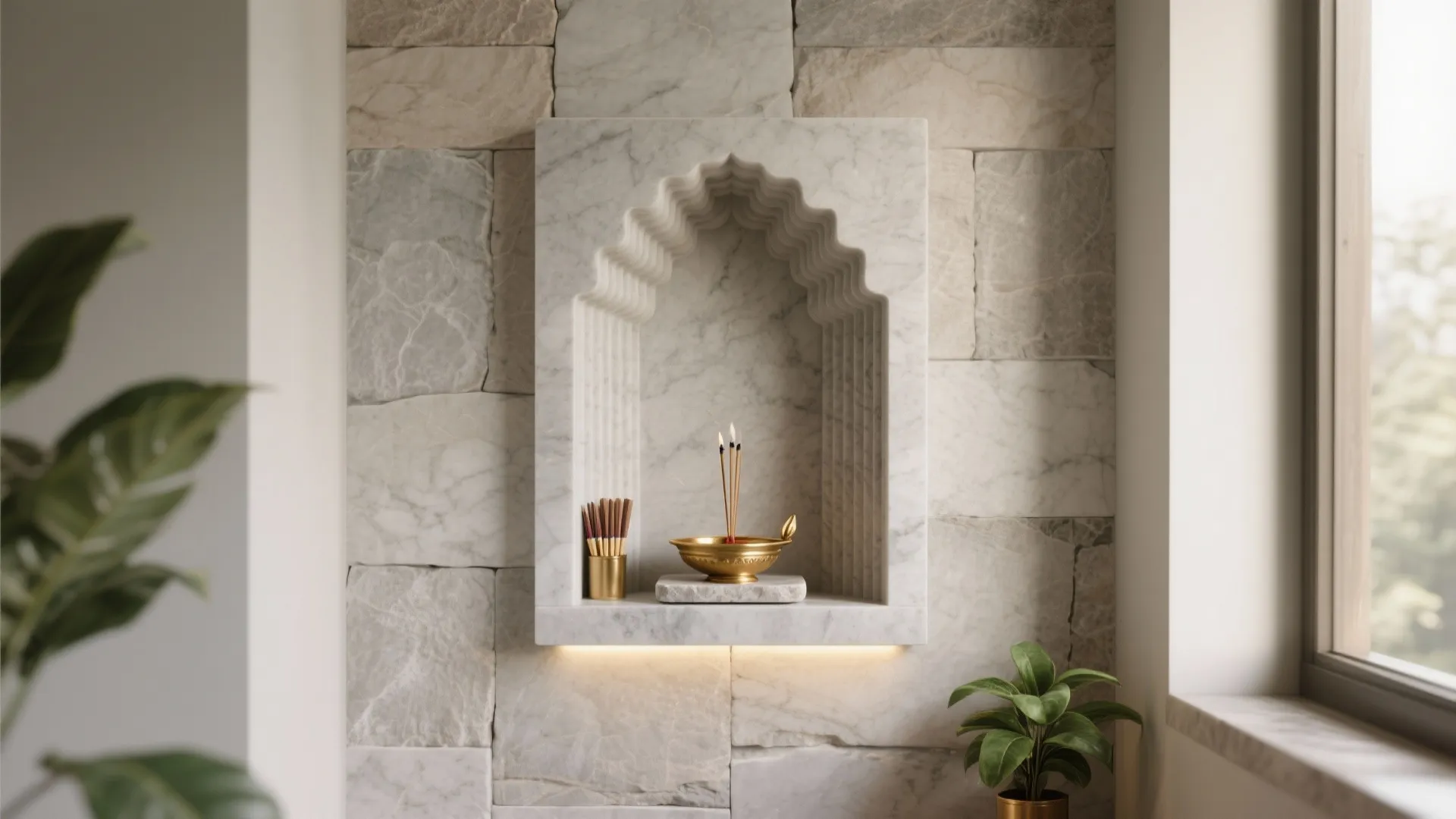 Stone wall with a carved marble niche holding burning incense sticks and small gold bowl