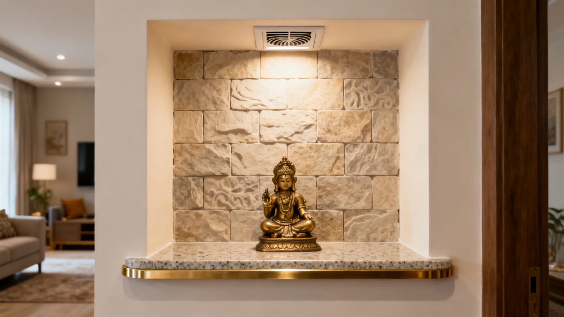Recessed pooja niche with textured stone back and discreet incense exhaust fan.