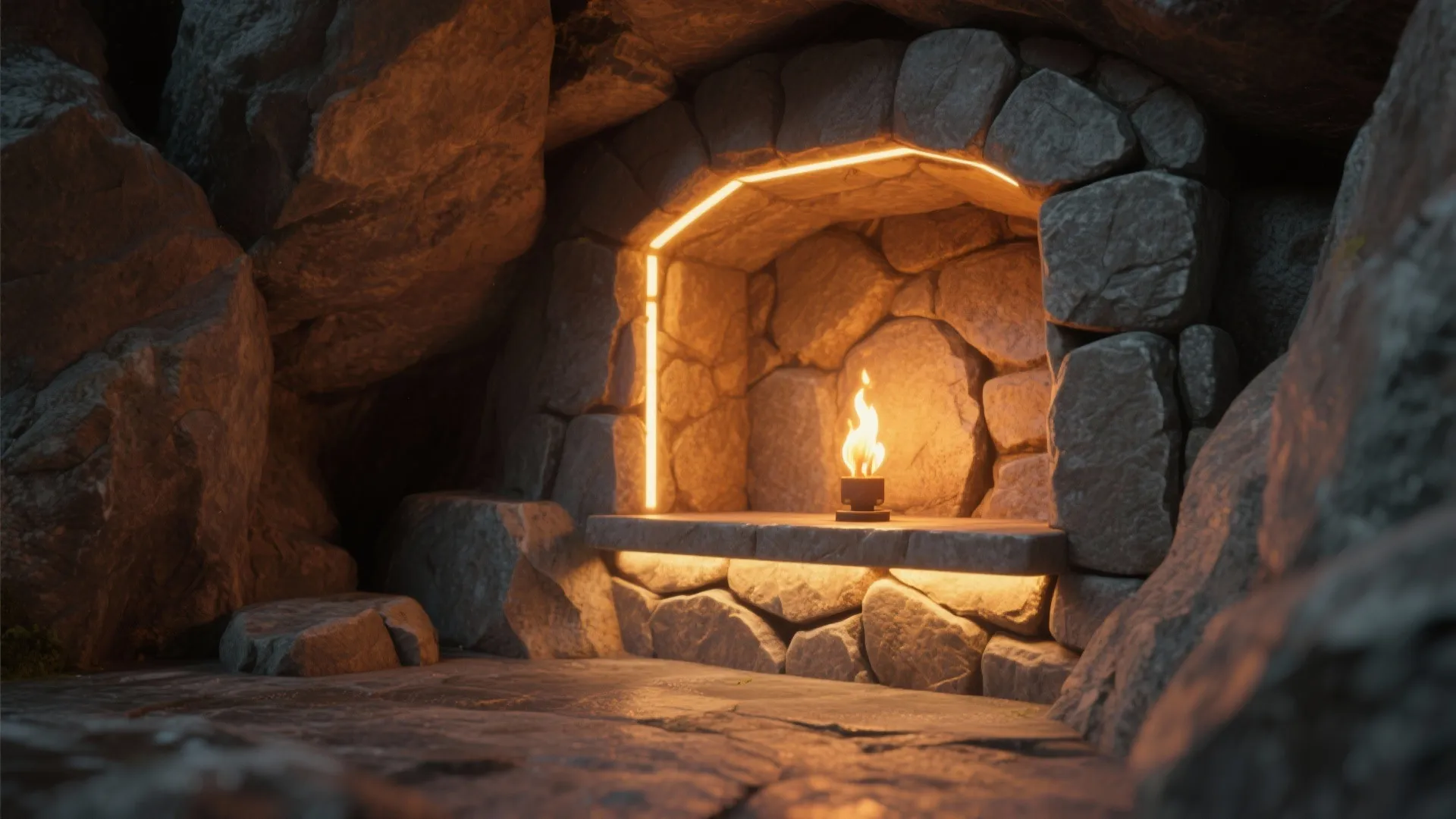 Modern stone wall shelf with warm light fixture inside a dark grey rocky cave room