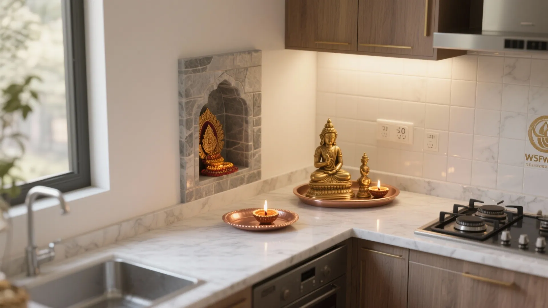 Kitchen interior with stone wall niche small statues and oil lamps on white marble countertop