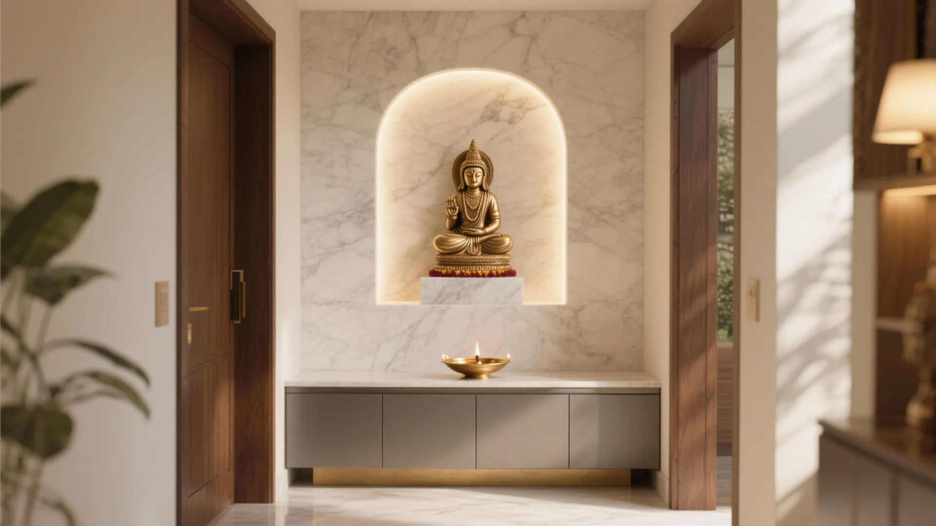 Backlit marble niche puja wall with centered idol, hidden storage, and warm halo lighting at the entry.