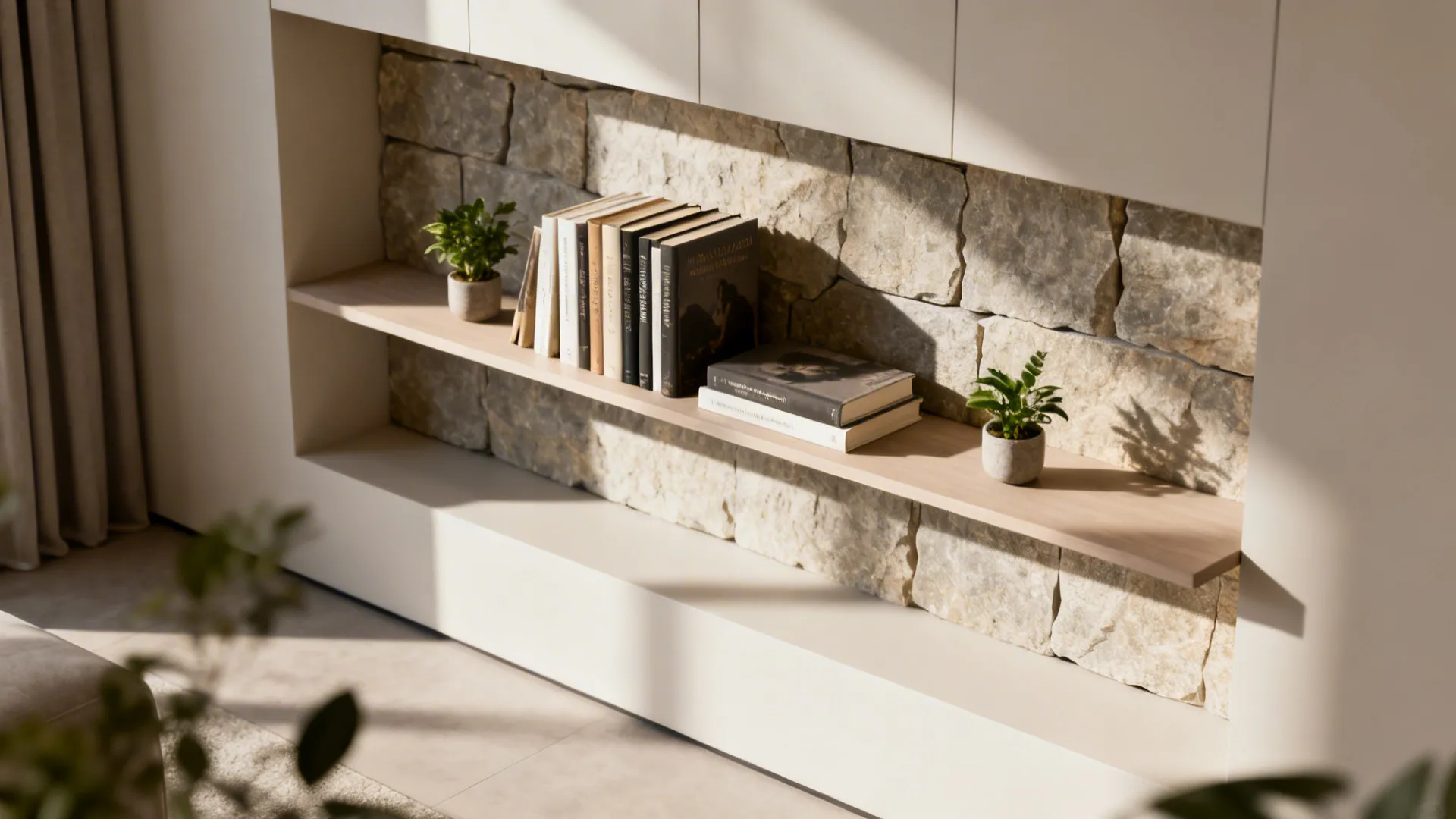 White wall shelf with stone background holding several books and two small green plants indoors
